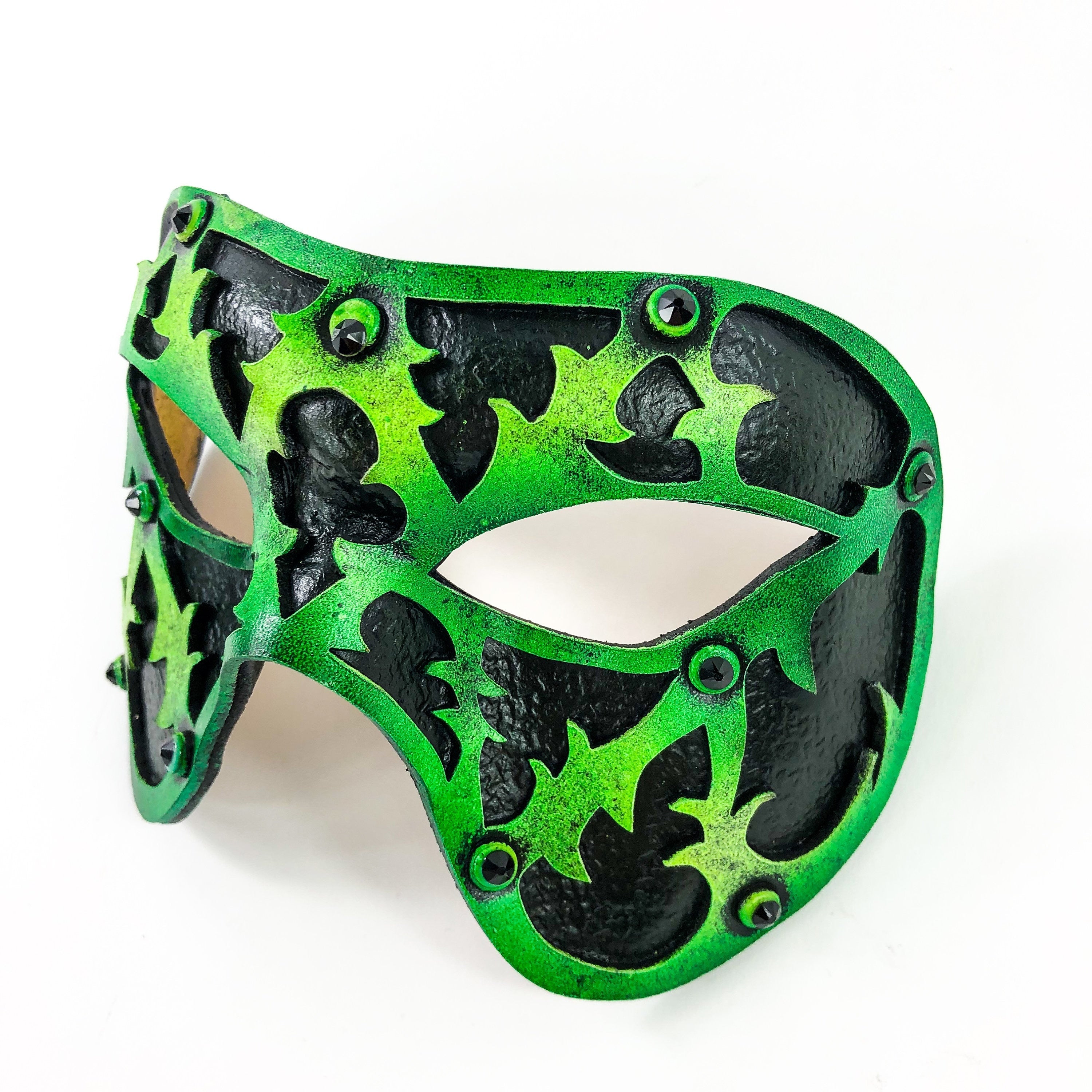 Dual Layer Handmade Genuine Leather Mask in Green and Black with Swarovski Crystals Rockwell Masks