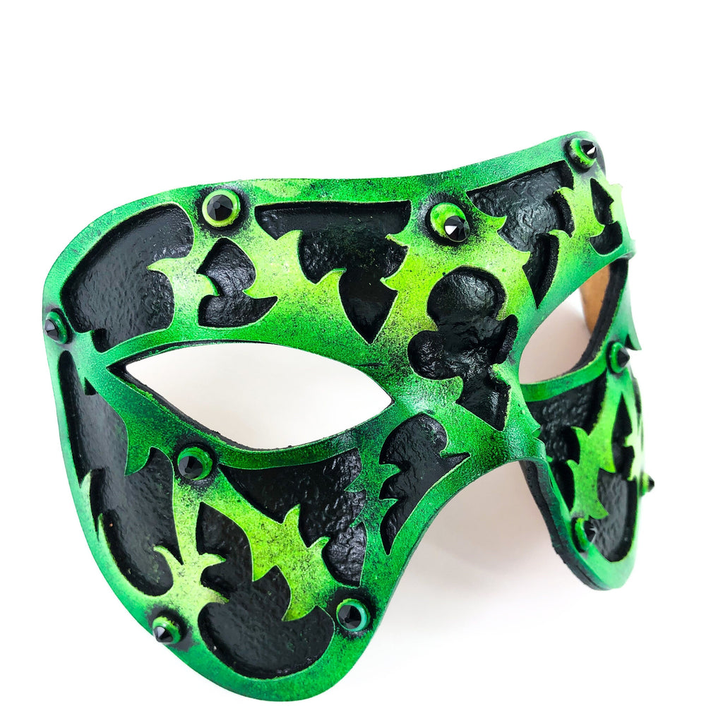 Dual Layer Handmade Genuine Leather Mask in Green and Black with Swarovski Crystals Rockwell Masks