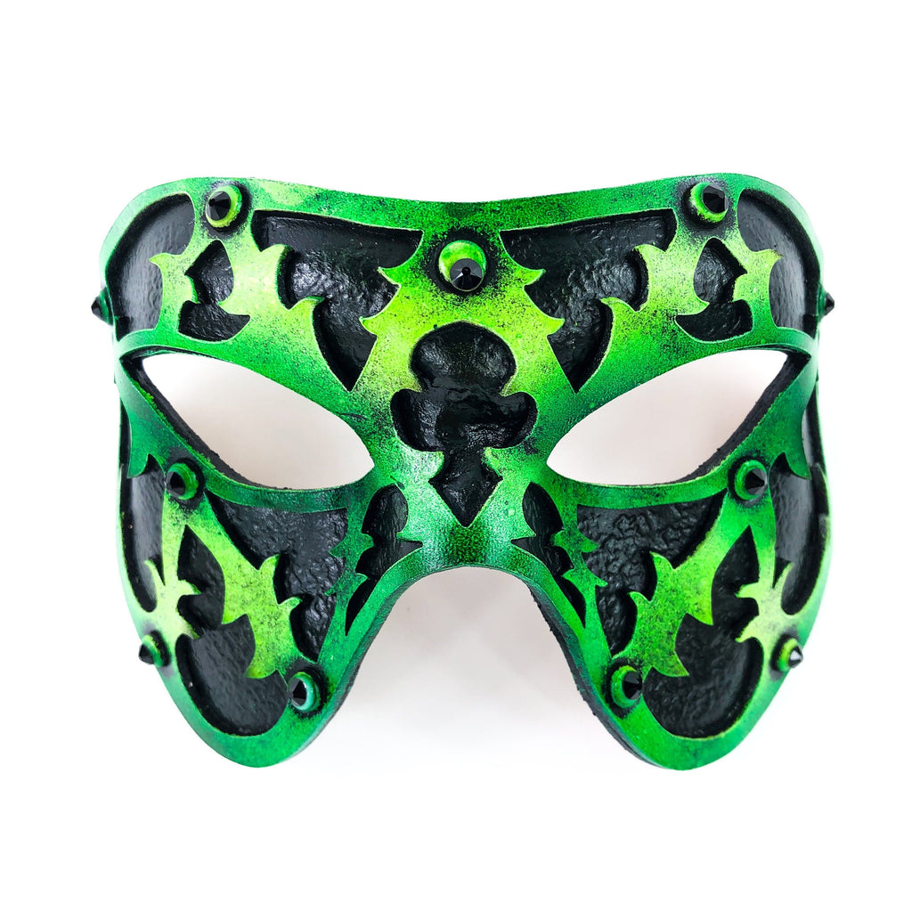 Dual Layer Handmade Genuine Leather Mask in Green and Black with Swarovski Crystals Rockwell Masks