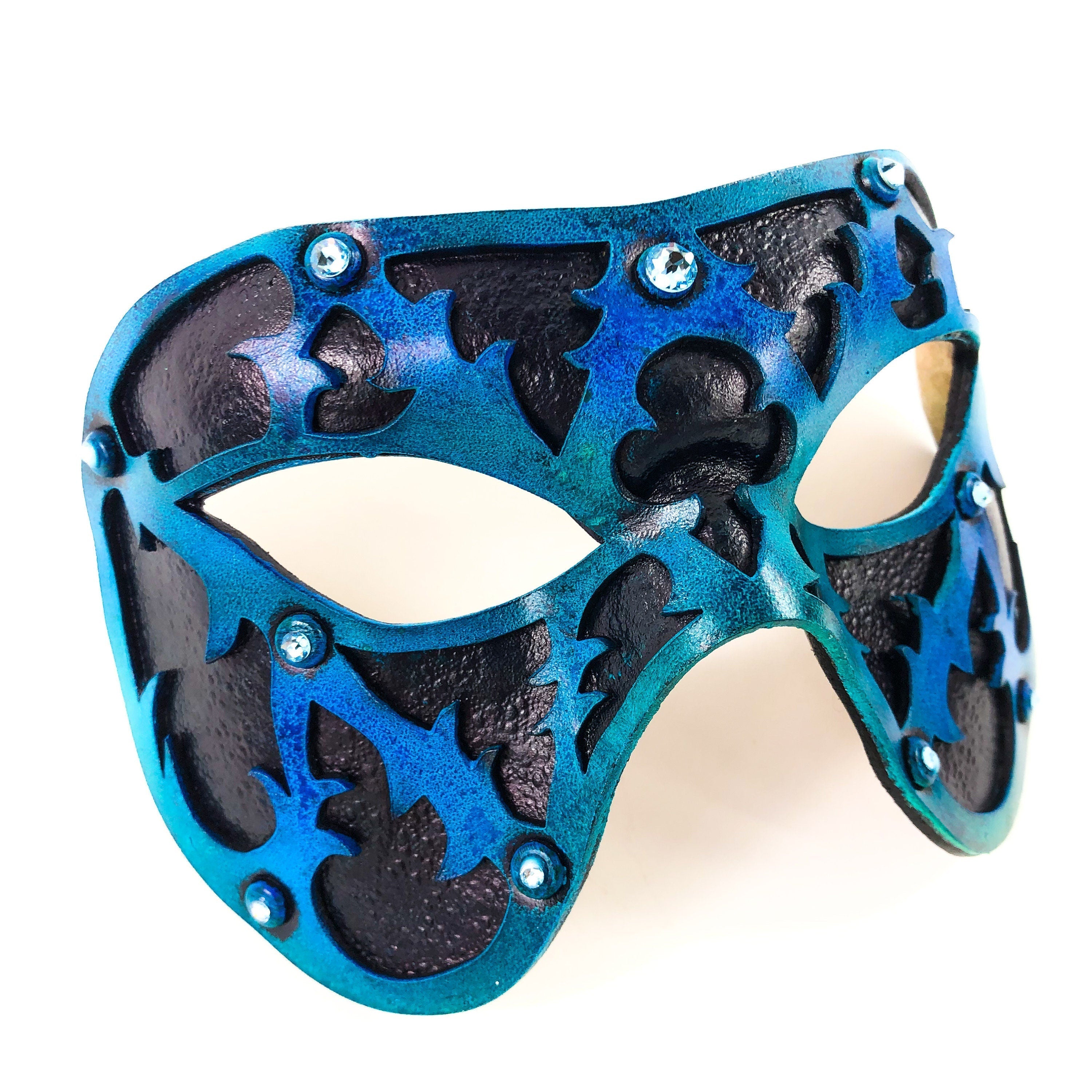 Dual Layer Handmade Genuine Leather Mask in Blue and Black with Swarovski Crystals Rockwell Masks