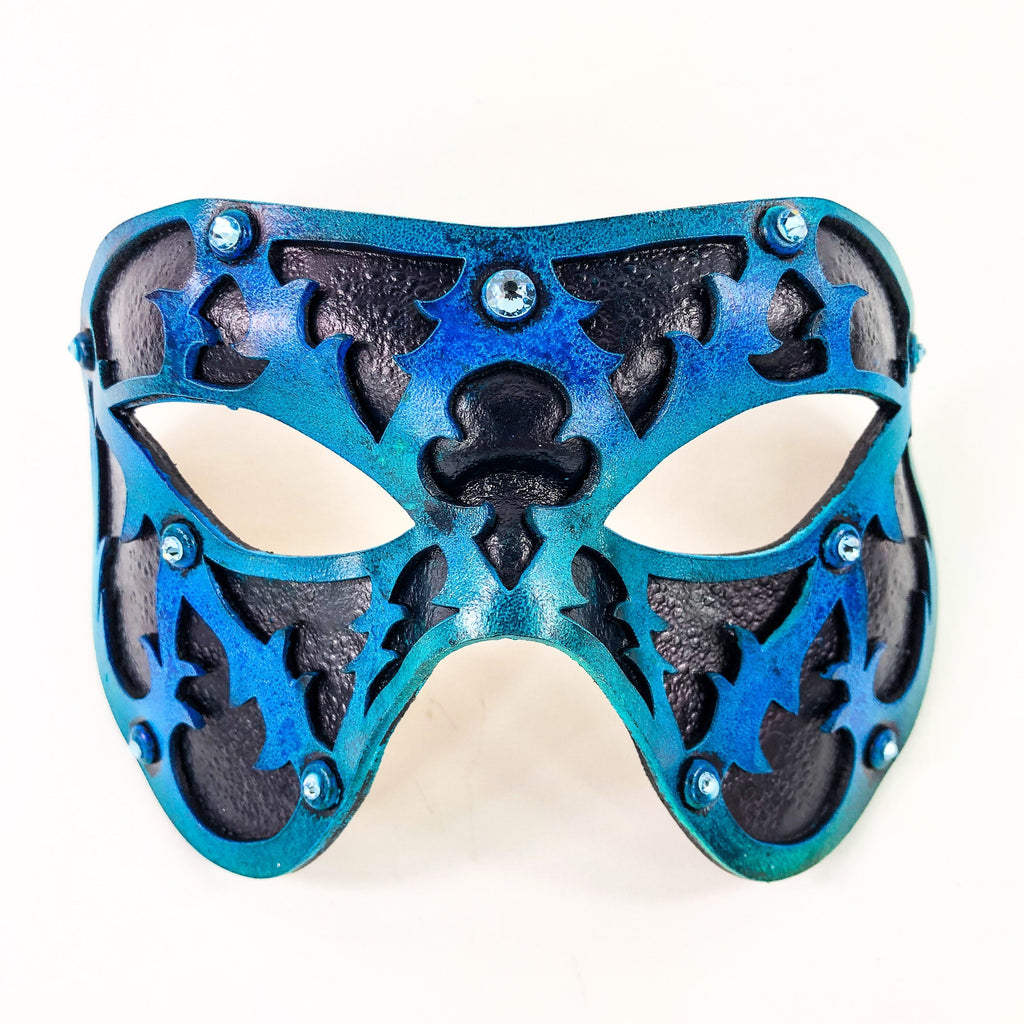 Dual Layer Handmade Genuine Leather Mask in Blue and Black with Swarovski Crystals Rockwell Masks