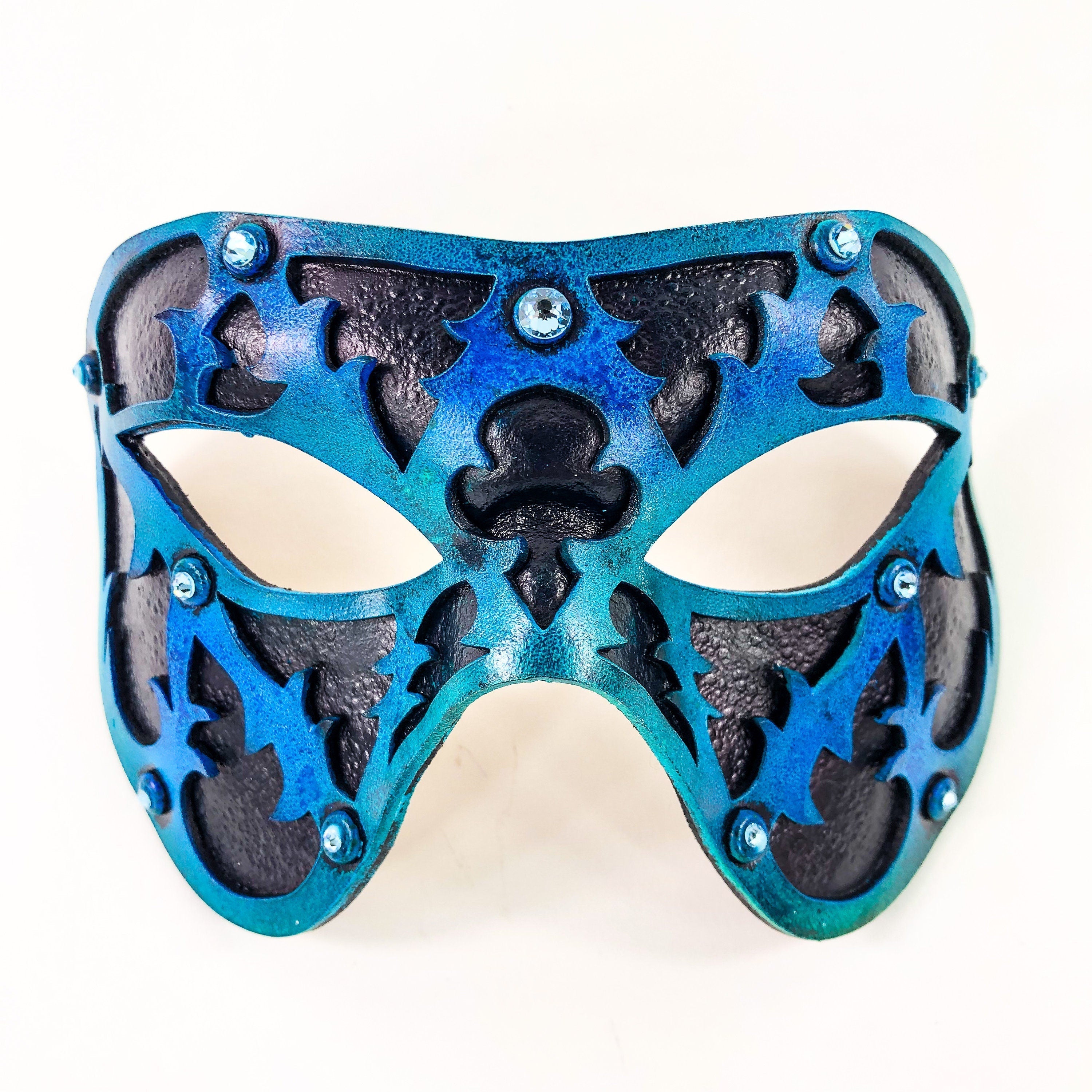 Dual Layer Handmade Genuine Leather Mask in Blue and Black with Swarovski Crystals Rockwell Masks