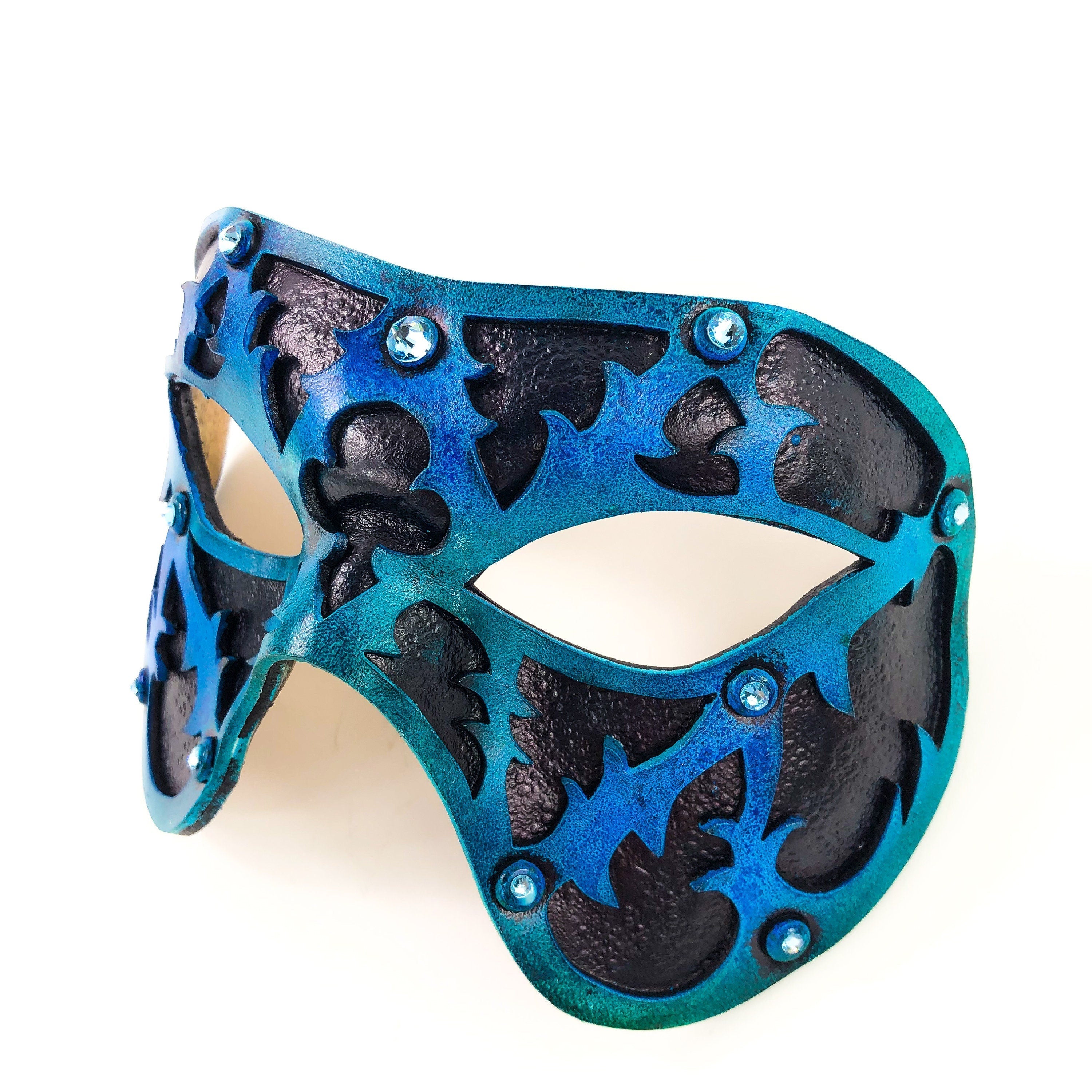 Dual Layer Handmade Genuine Leather Mask in Blue and Black with Swarovski Crystals Rockwell Masks