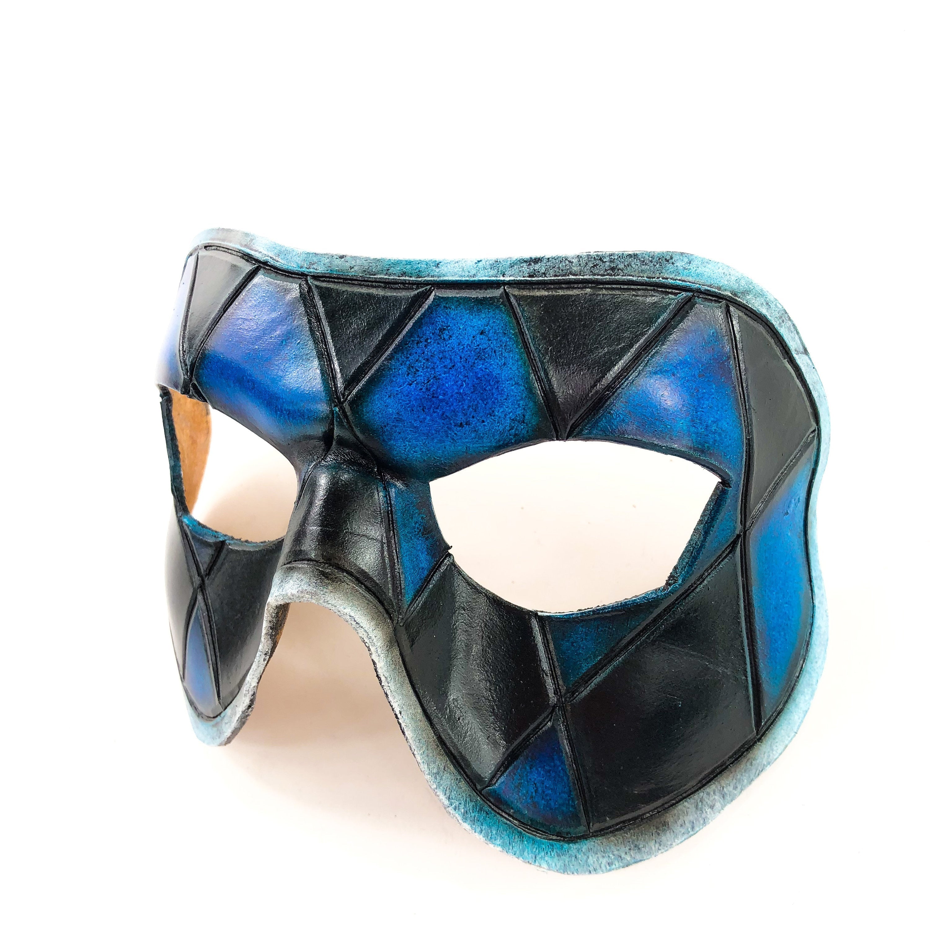 Harlequin Handmade Genuine Leather Mask in Black and Blue Rockwell Masks