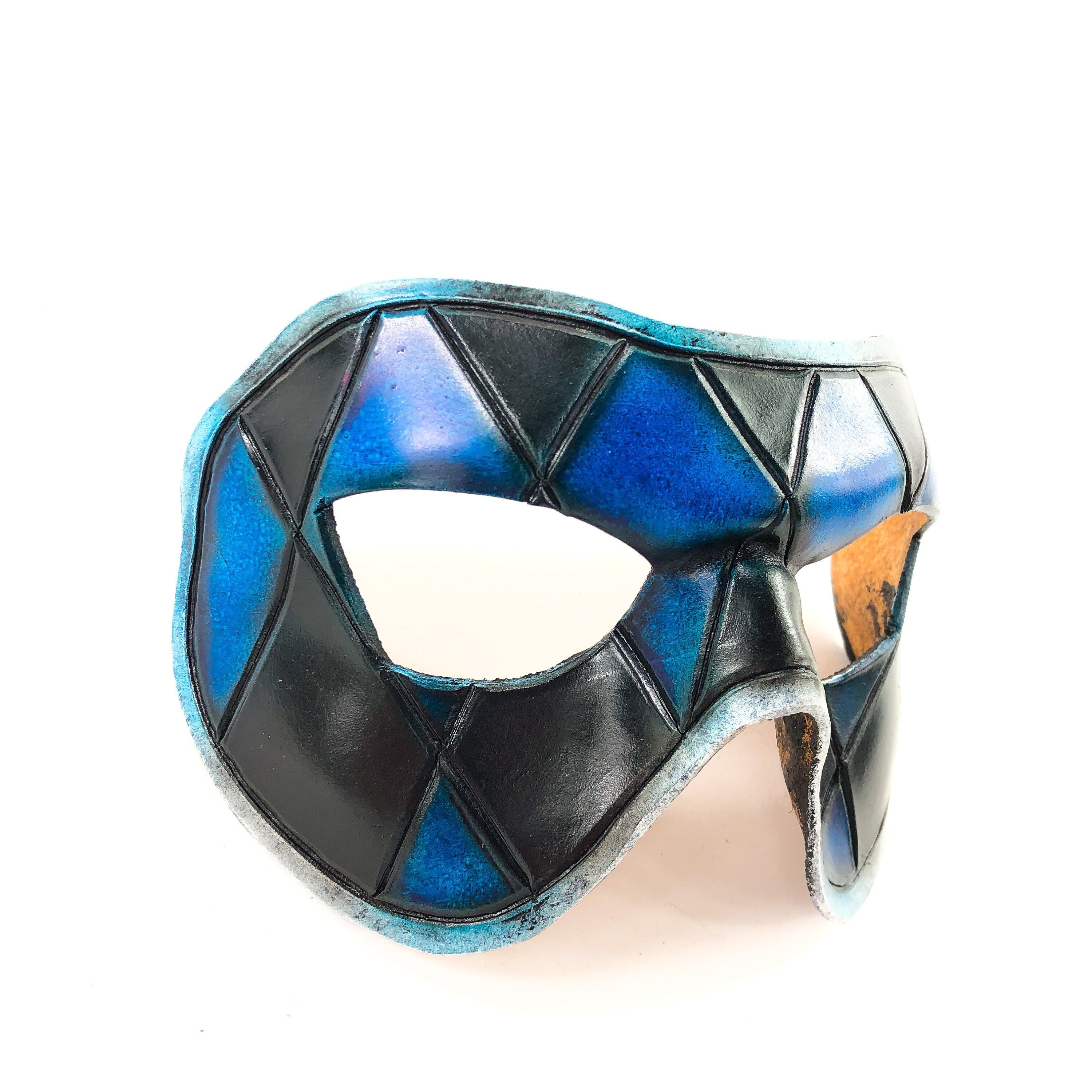 Harlequin Handmade Genuine Leather Mask in Black and Blue Rockwell Masks