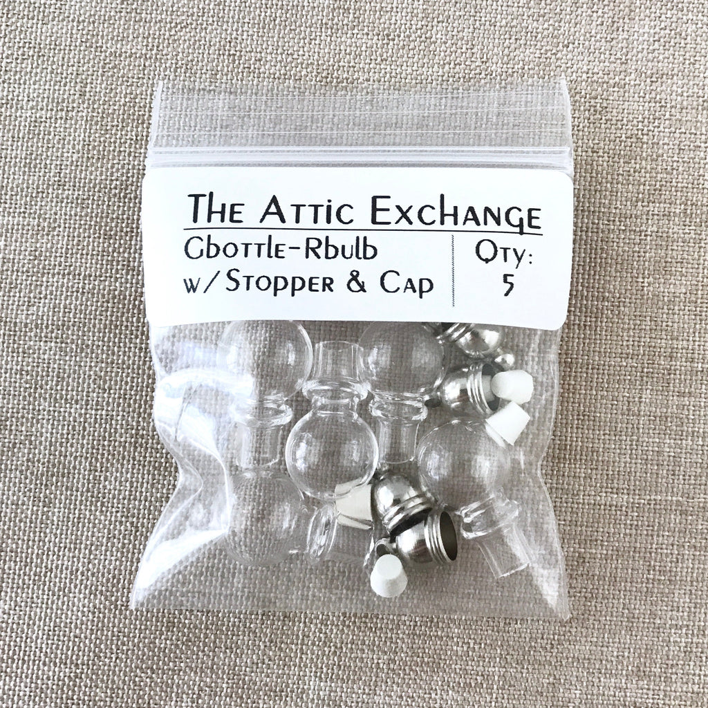 Handblown Round Glass Bottles - Glass Vials - With rubber corks and cap with loop - Gbottle-rbulb - Package of 5 Bottles The Attic Exchange