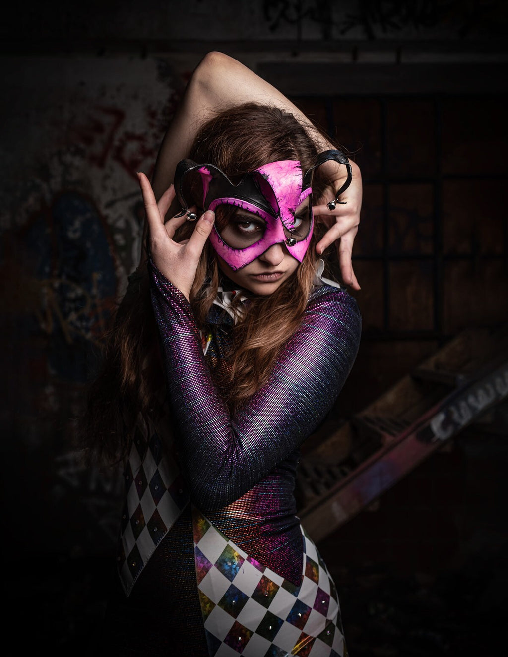 Handmade Genuine Leather 3 Point Jester Mask in Pink Rockwell Masks