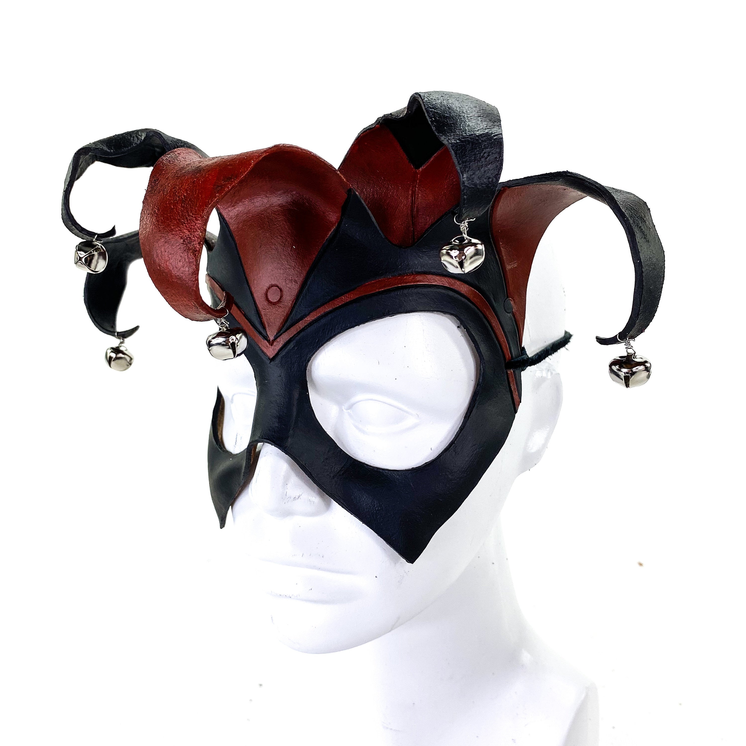 Ready to Ship - Handmade Genuine Leather Five Point Jester Mask in Red and Black with Silver Bells Rockwell Masks
