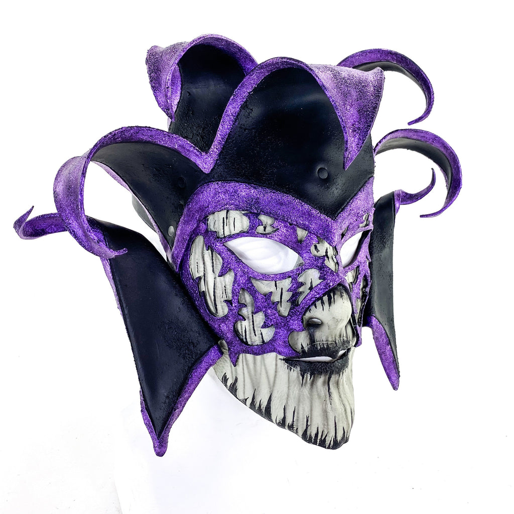 Venetian inspired Jester Mask in Purple and Black - Wearable or Wall Art - Handmade Genuine Leather Rockwell Masks