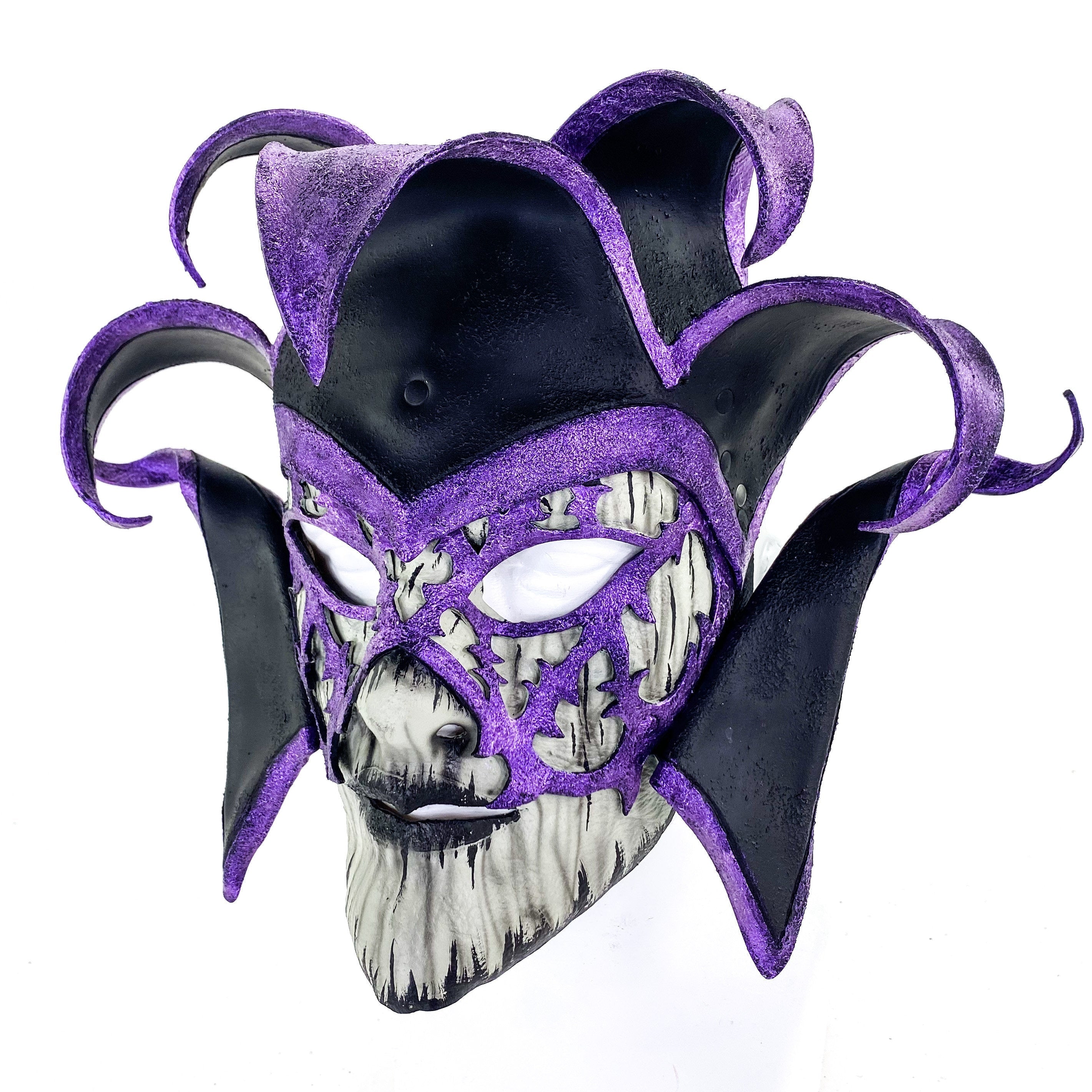 Venetian inspired Jester Mask in Purple and Black - Wearable or Wall Art - Handmade Genuine Leather Rockwell Masks