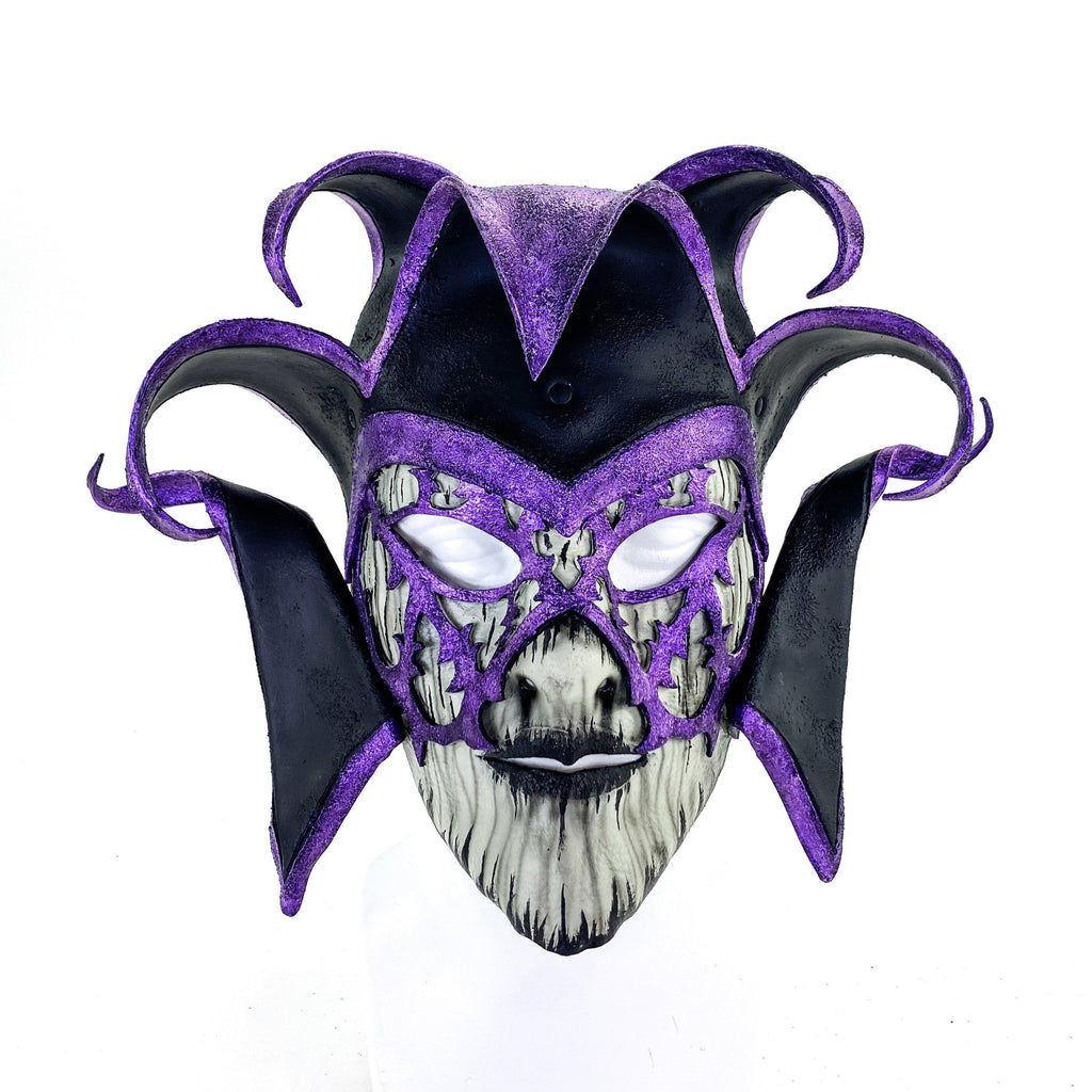Venetian inspired Jester Mask in Purple and Black - Wearable or Wall Art - Handmade Genuine Leather Rockwell Masks