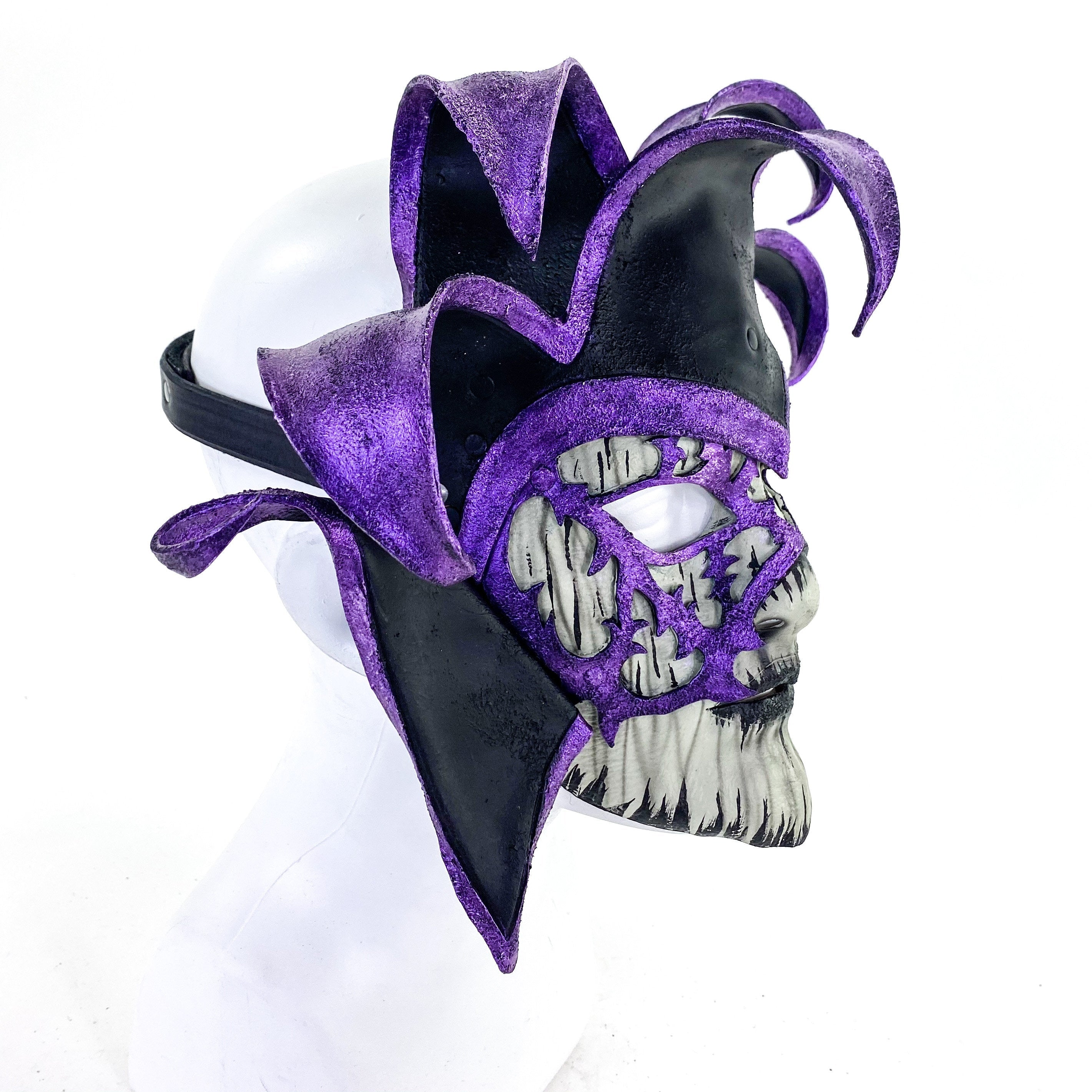 Venetian inspired Jester Mask in Purple and Black - Wearable or Wall Art - Handmade Genuine Leather Rockwell Masks