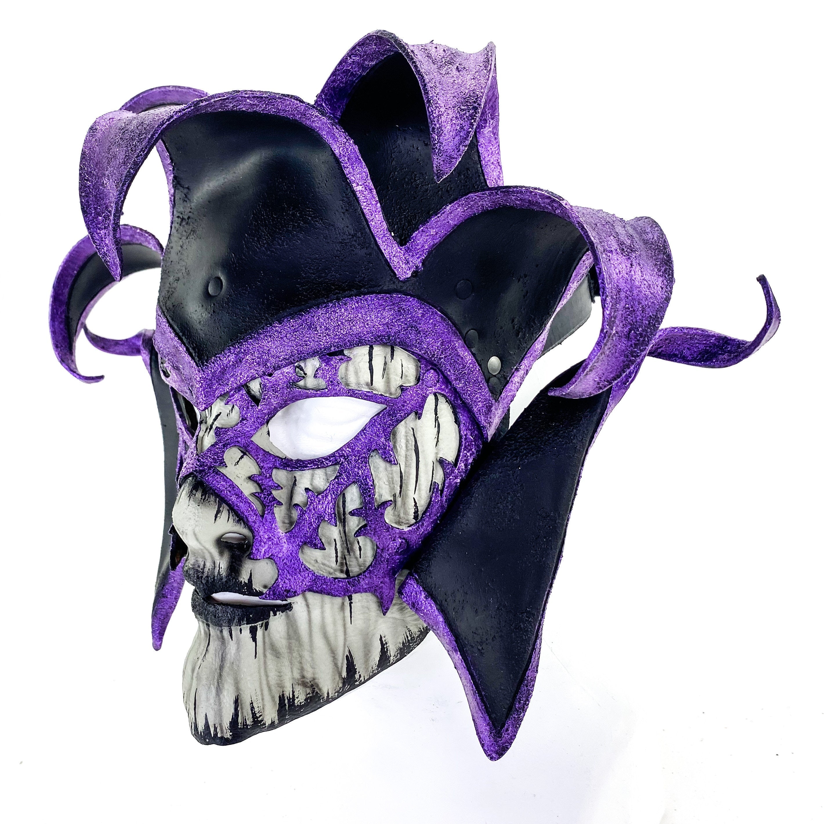 Venetian inspired Jester Mask in Purple and Black - Wearable or Wall Art - Handmade Genuine Leather Rockwell Masks