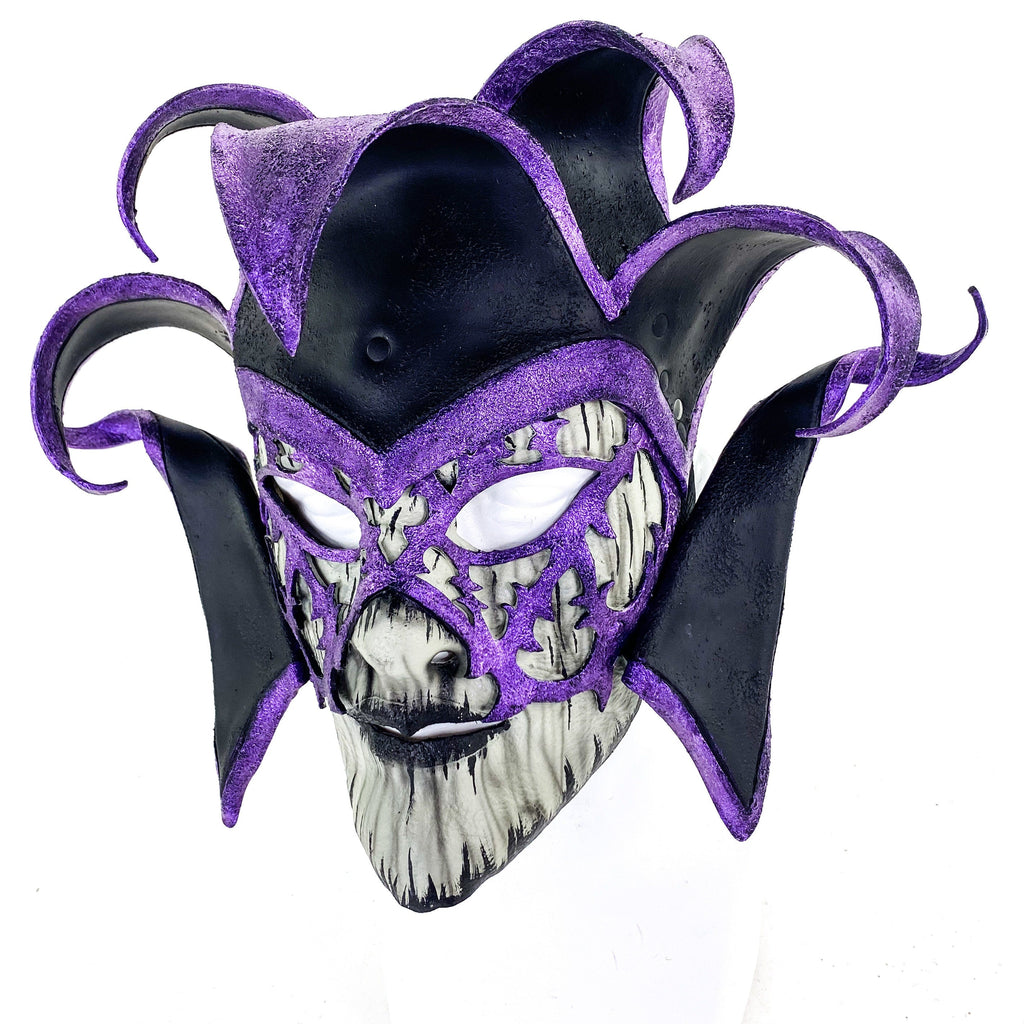 Venetian inspired Jester Mask in Purple and Black - Wearable or Wall Art - Handmade Genuine Leather Rockwell Masks