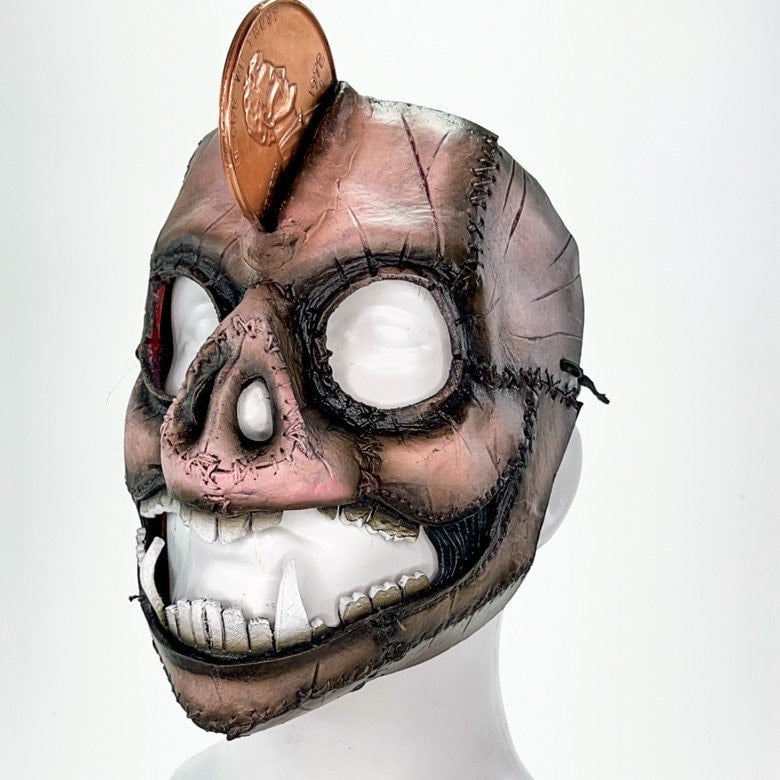Demented Piggy Bank - Genuine Leather Mask - Real Copper Penny  - Handmade Full Face Cover for Halloween or Performance Costume Rockwell Masks