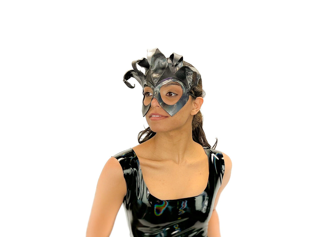 Handmade Genuine Leather Five Point Jester Mask in cosmic silver and Black No Bells Rockwell Masks