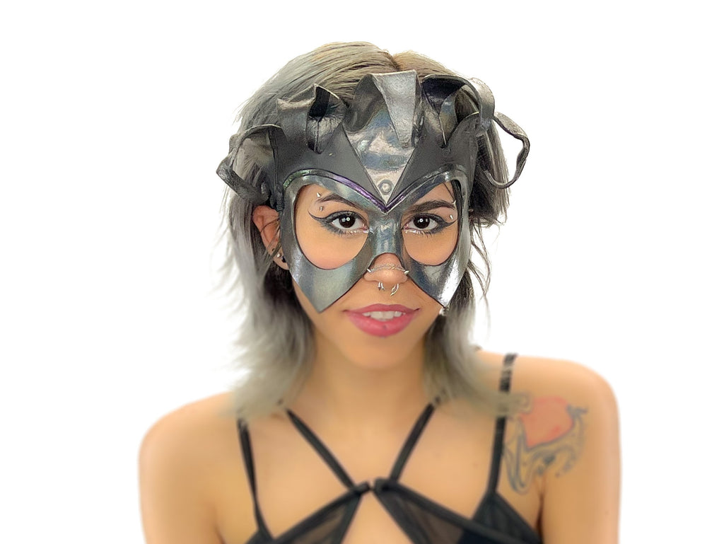 Handmade Genuine Leather Five Point Jester Mask in cosmic silver and Black No Bells Rockwell Masks