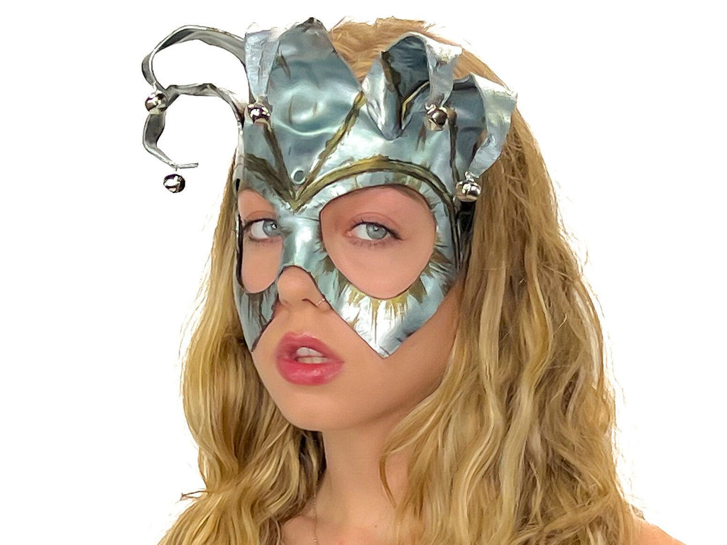 Handmade Genuine Leather Five Point Jester Mask in Patina Silver Rockwell Masks