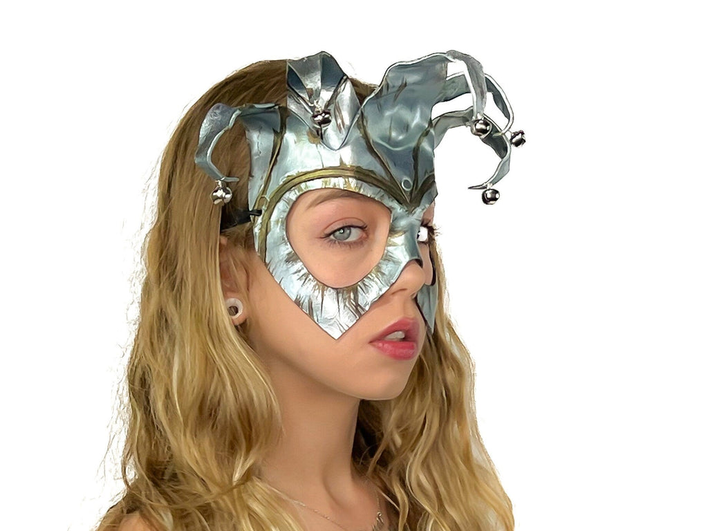 Handmade Genuine Leather Five Point Jester Mask in Patina Silver Rockwell Masks