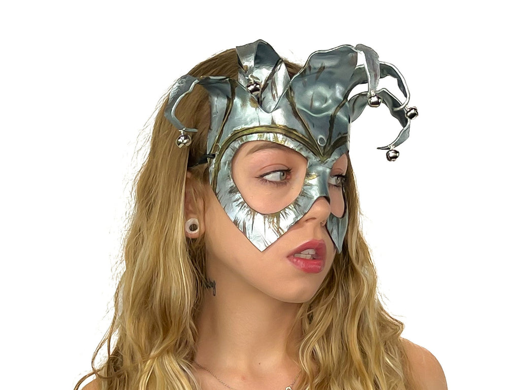 Handmade Genuine Leather Five Point Jester Mask in Patina Silver Rockwell Masks