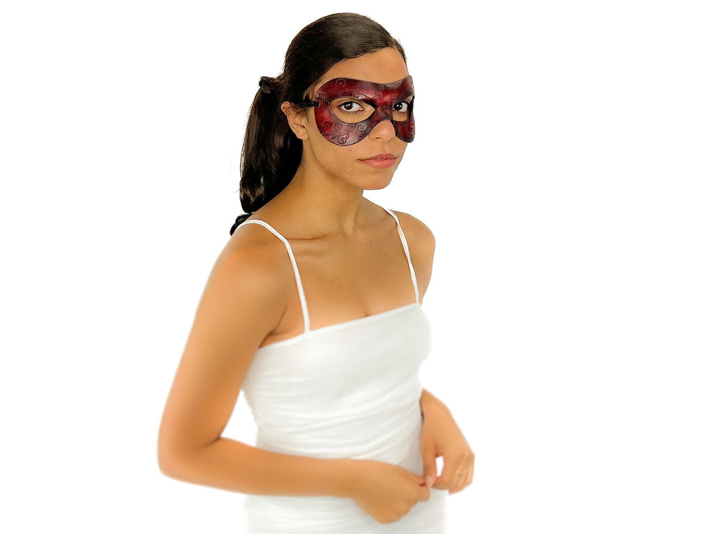 Ornate Masquerade Handmade Genuine Leather Eye Mask in Red and Black Rockwell Masks