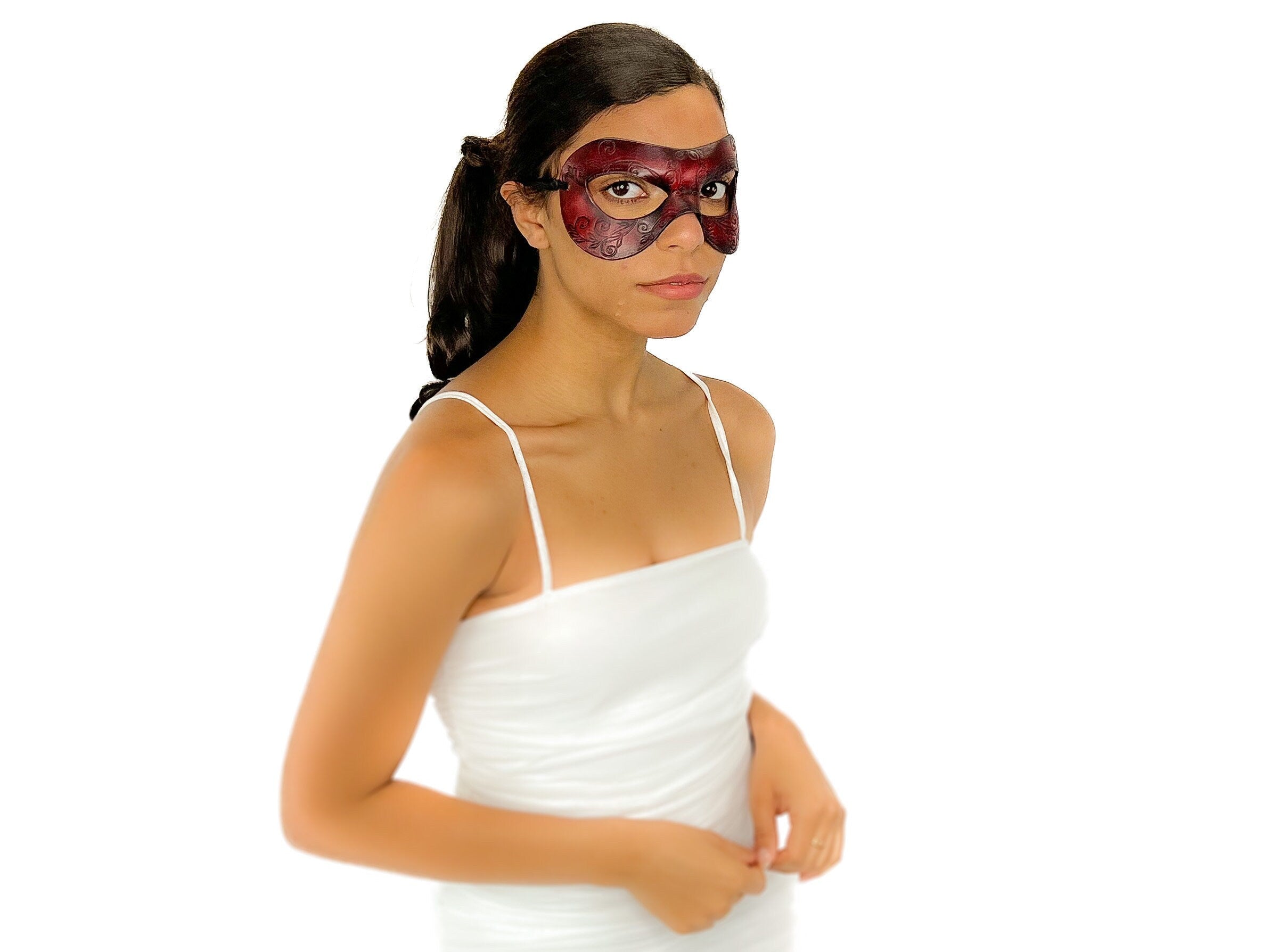Ornate Masquerade Handmade Genuine Leather Eye Mask in Red and Black Rockwell Masks