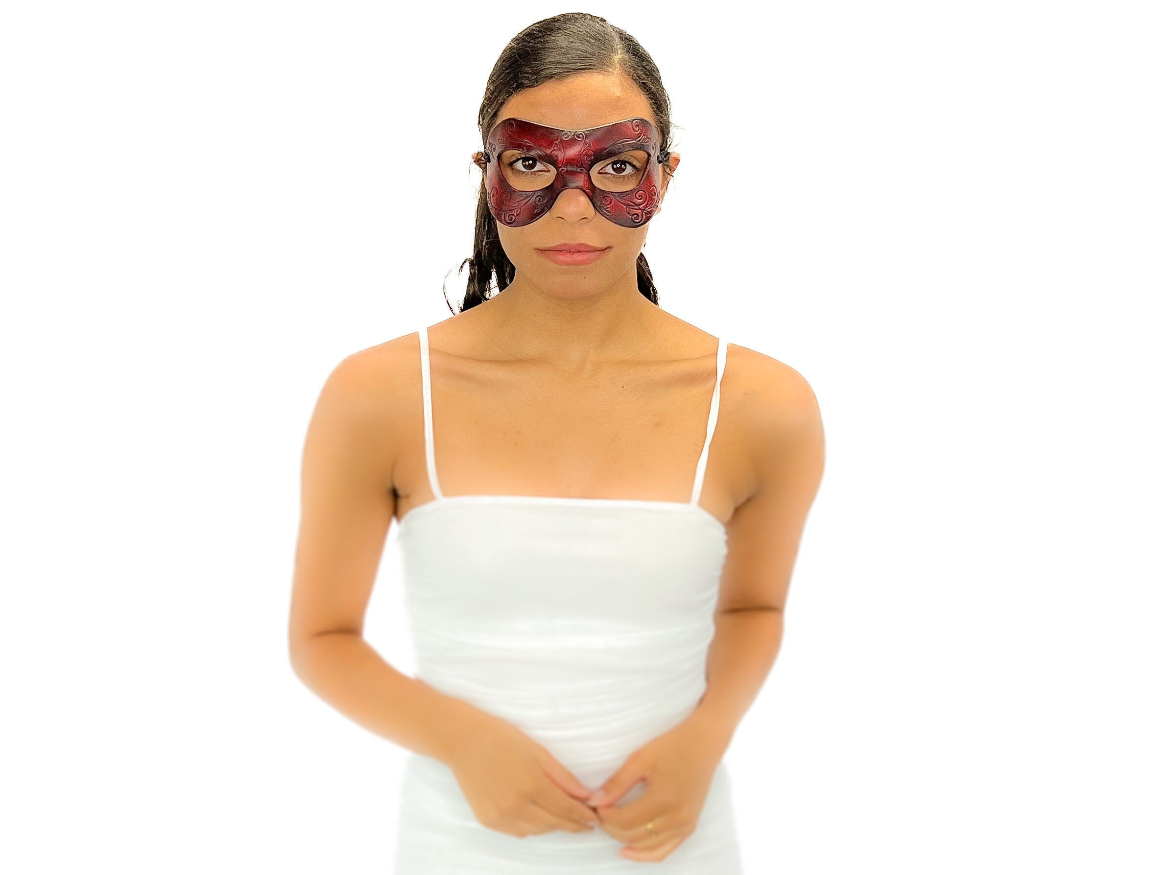 Ornate Masquerade Handmade Genuine Leather Eye Mask in Red and Black Rockwell Masks