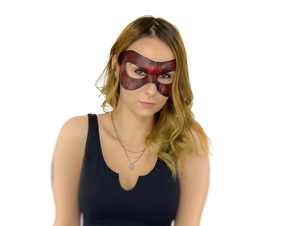 Ornate Masquerade Handmade Genuine Leather Eye Mask in Red and Black Rockwell Masks