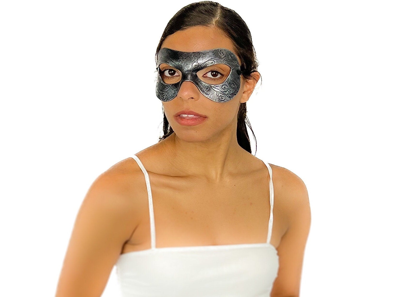 Ornate Masquerade Handmade Genuine Leather Eye Mask in Silver Rockwell Masks