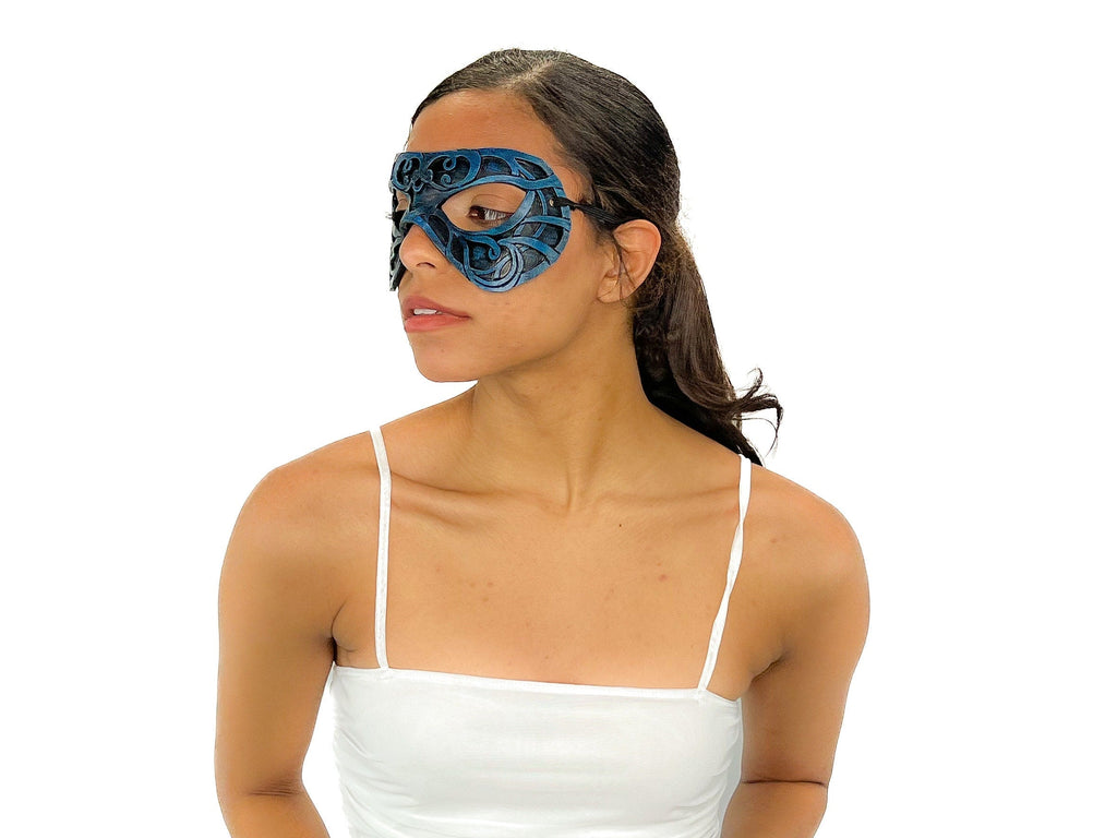 Dual Layer Ornate Masquerade Handmade Genuine Leather Eye Mask in Blue and Black Rockwell Masks
