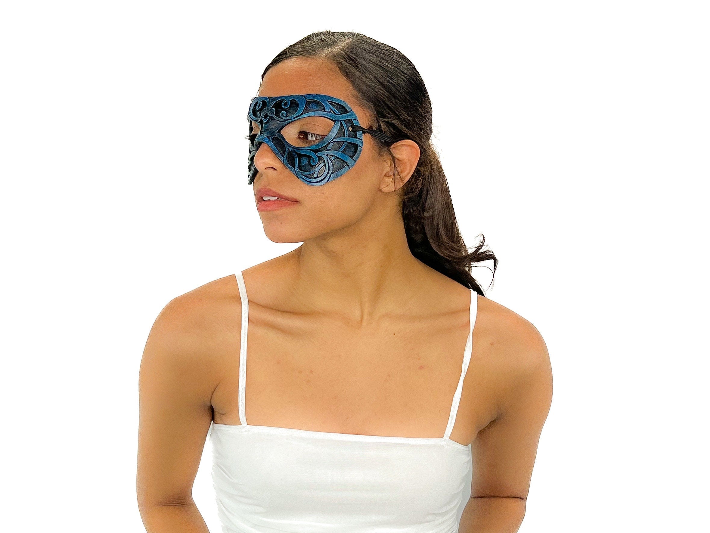 Dual Layer Ornate Masquerade Handmade Genuine Leather Eye Mask in Blue and Black Rockwell Masks