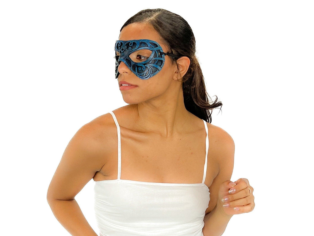 Dual Layer Ornate Masquerade Handmade Genuine Leather Eye Mask in Blue and Black Rockwell Masks
