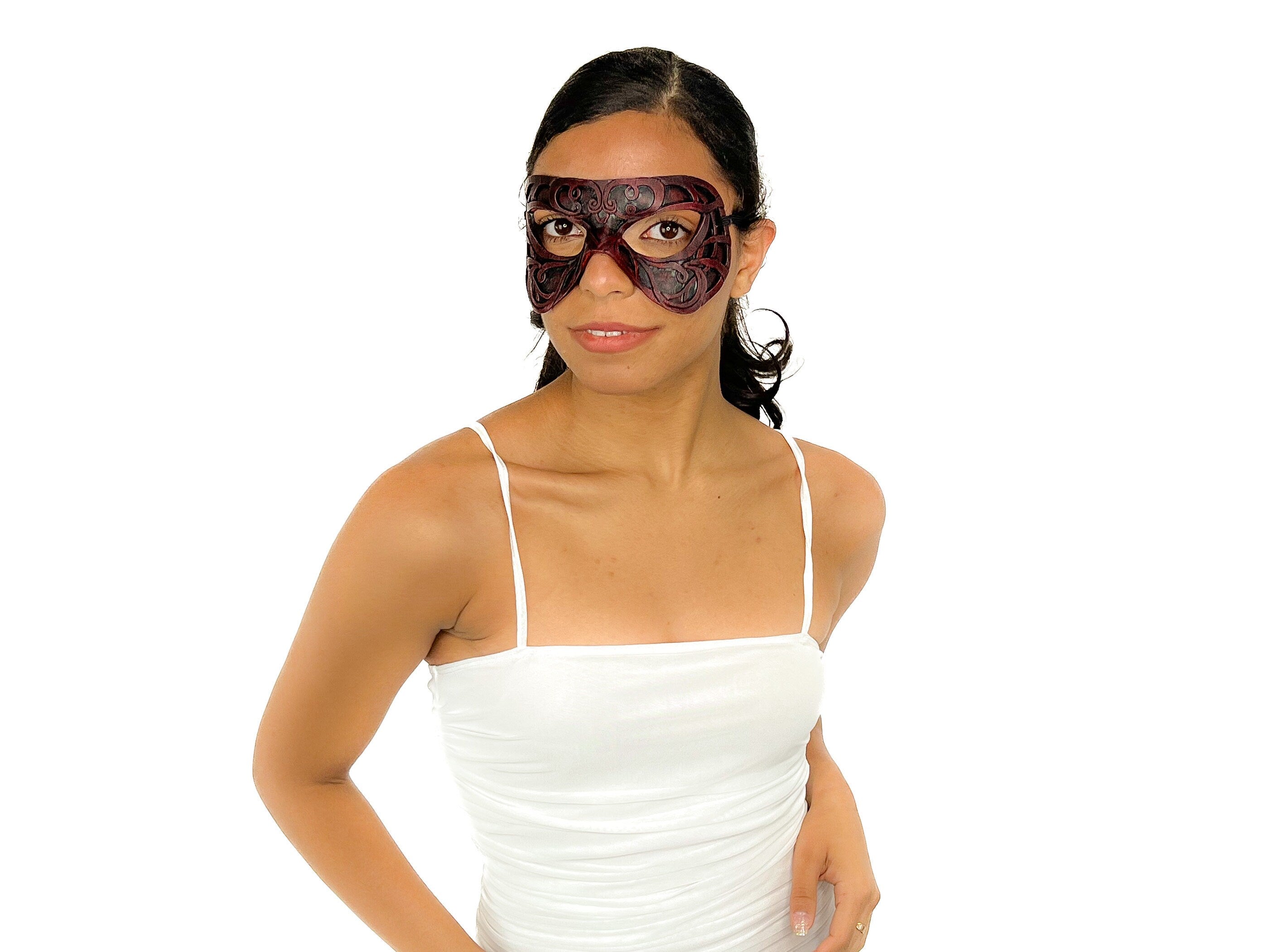 Dual Layer Ornate Masquerade Handmade Genuine Leather Eye Mask in Red Rockwell Masks