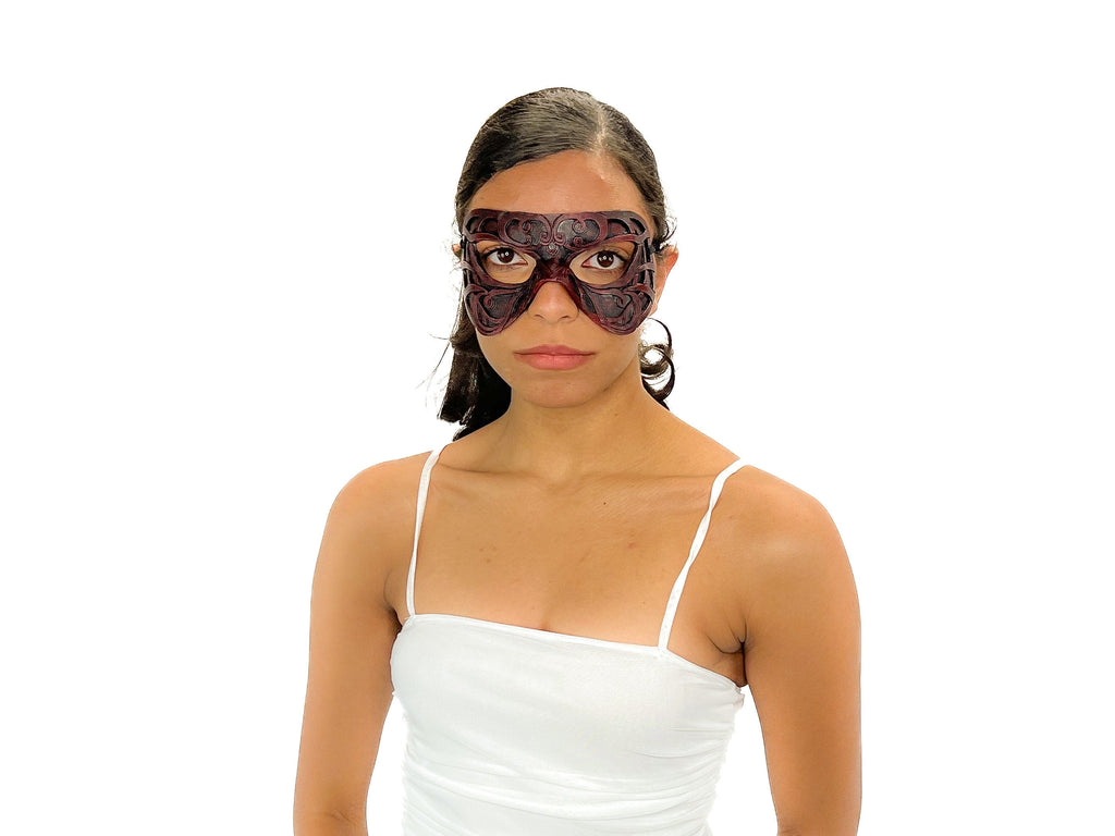 Dual Layer Ornate Masquerade Handmade Genuine Leather Eye Mask in Red Rockwell Masks