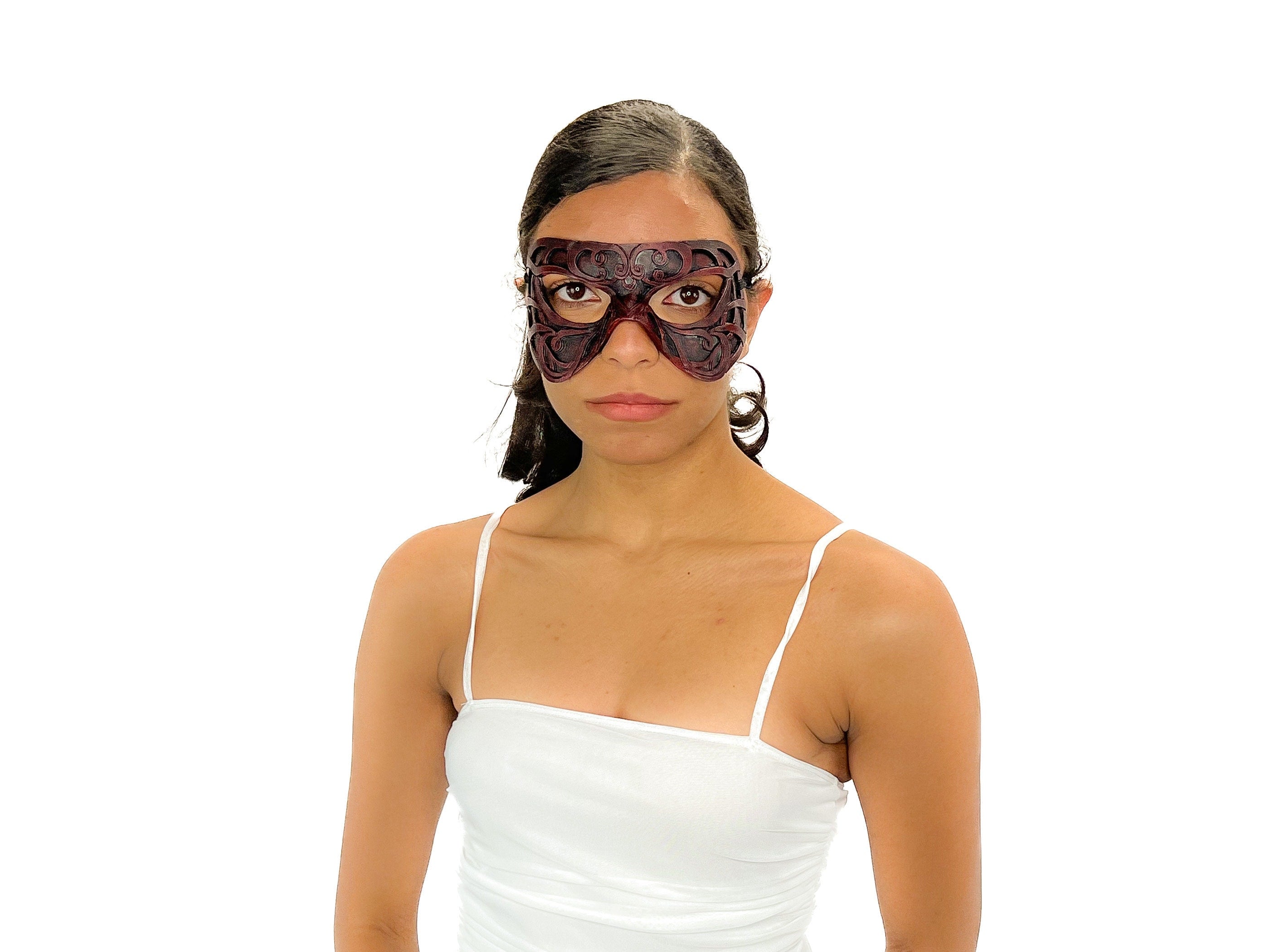 Dual Layer Ornate Masquerade Handmade Genuine Leather Eye Mask in Red Rockwell Masks