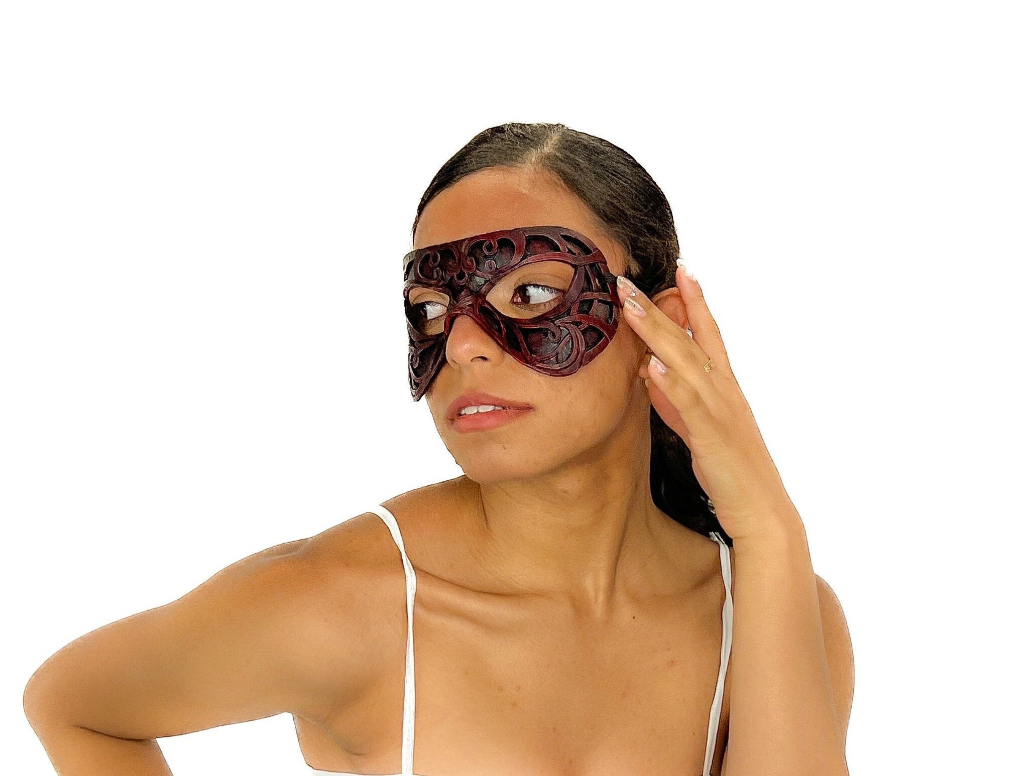 Dual Layer Ornate Masquerade Handmade Genuine Leather Eye Mask in Red Rockwell Masks