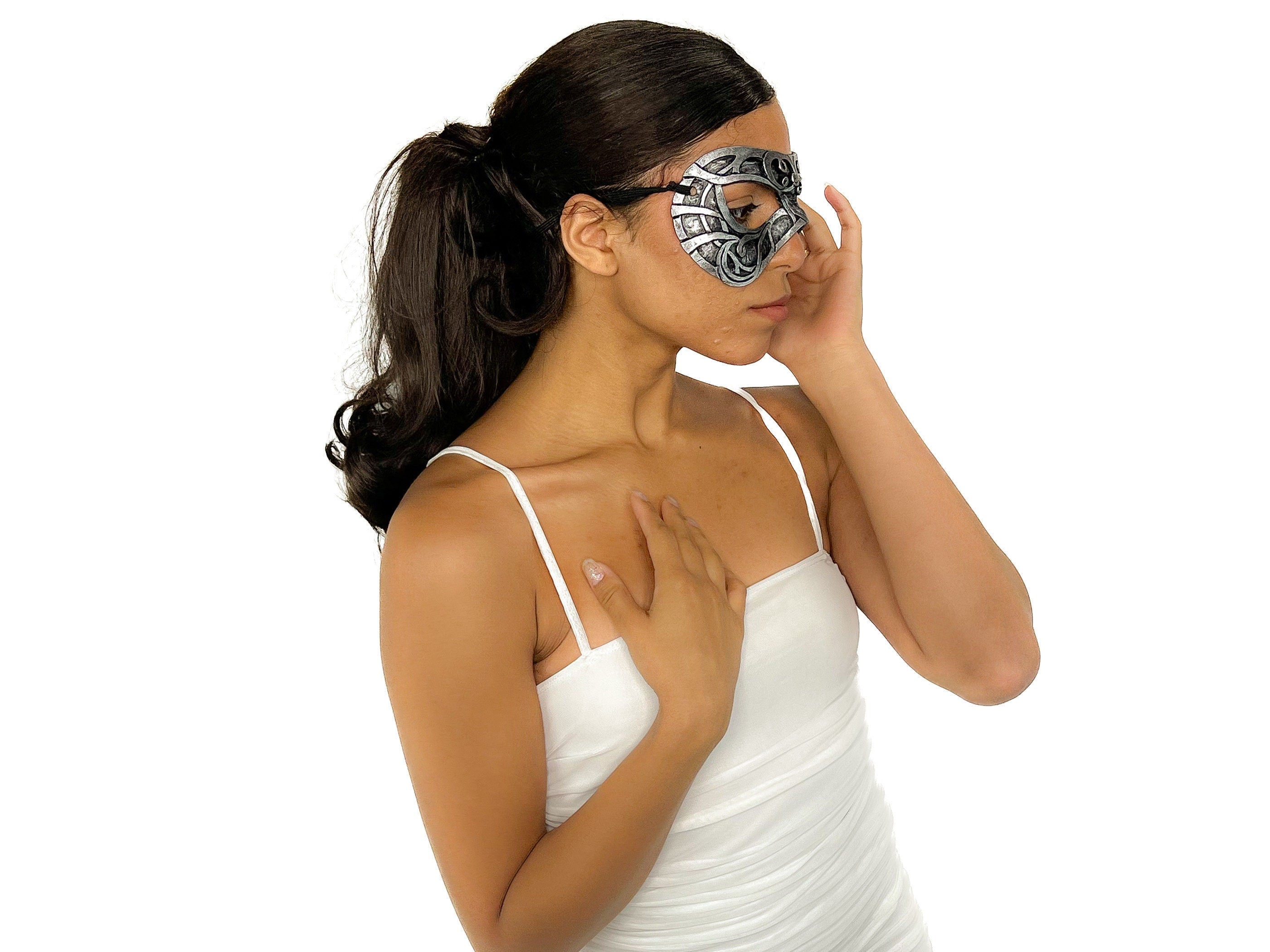 Dual Layer Ornate Masquerade Handmade Genuine Leather Eye Mask in Silver Rockwell Masks