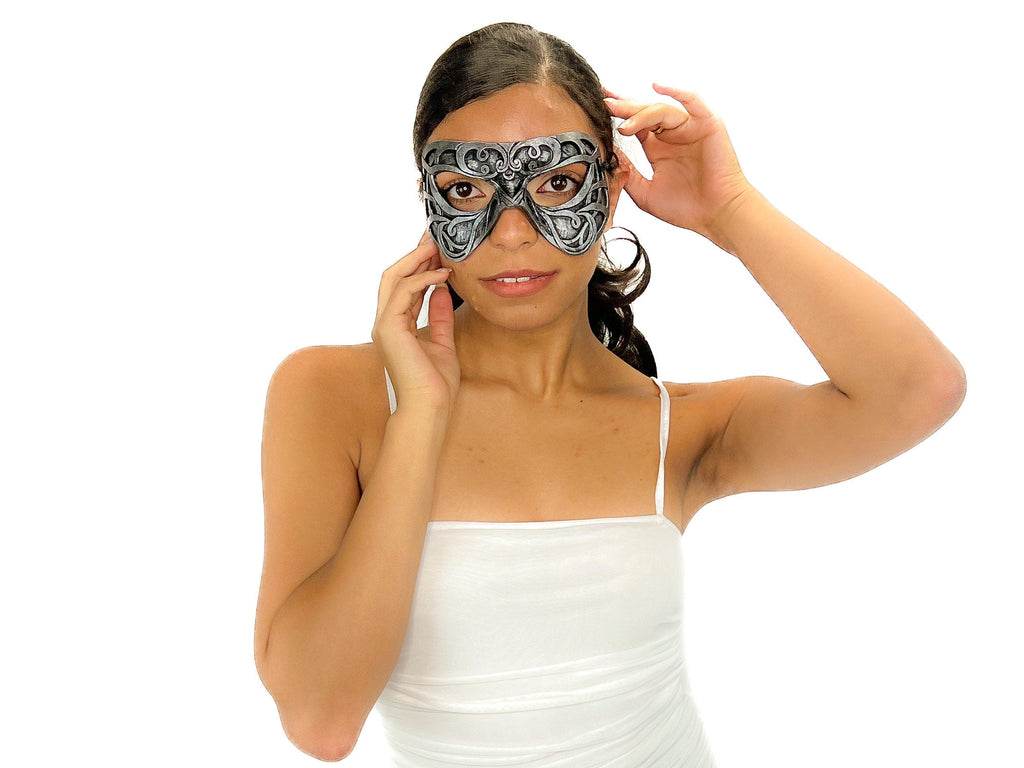 Dual Layer Ornate Masquerade Handmade Genuine Leather Eye Mask in Silver Rockwell Masks