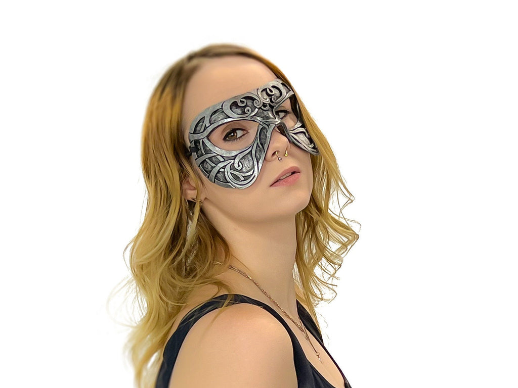 Dual Layer Ornate Masquerade Handmade Genuine Leather Eye Mask in Silver Rockwell Masks
