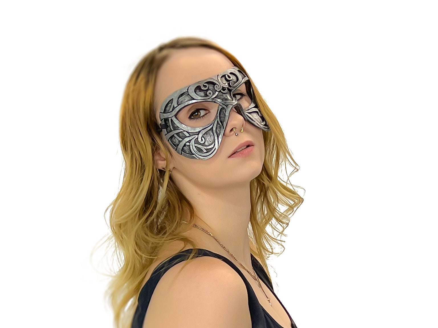 Dual Layer Ornate Masquerade Handmade Genuine Leather Eye Mask in Silver Rockwell Masks