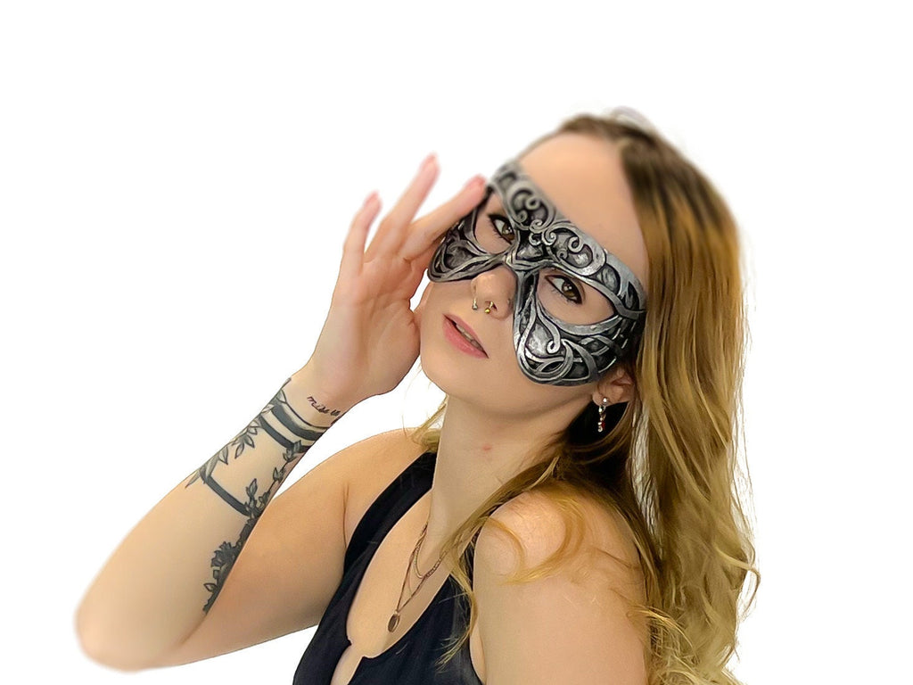 Dual Layer Ornate Masquerade Handmade Genuine Leather Eye Mask in Silver Rockwell Masks
