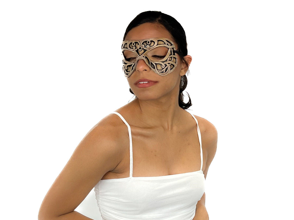 Dual Layer Ornate Masquerade Handmade Genuine Leather Eye Mask in Vintage Cream Rockwell Masks