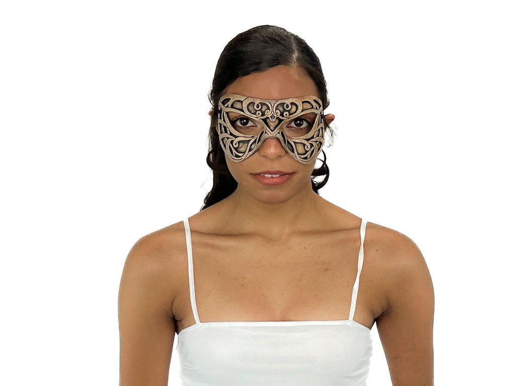 Dual Layer Ornate Masquerade Handmade Genuine Leather Eye Mask in Vintage Cream Rockwell Masks