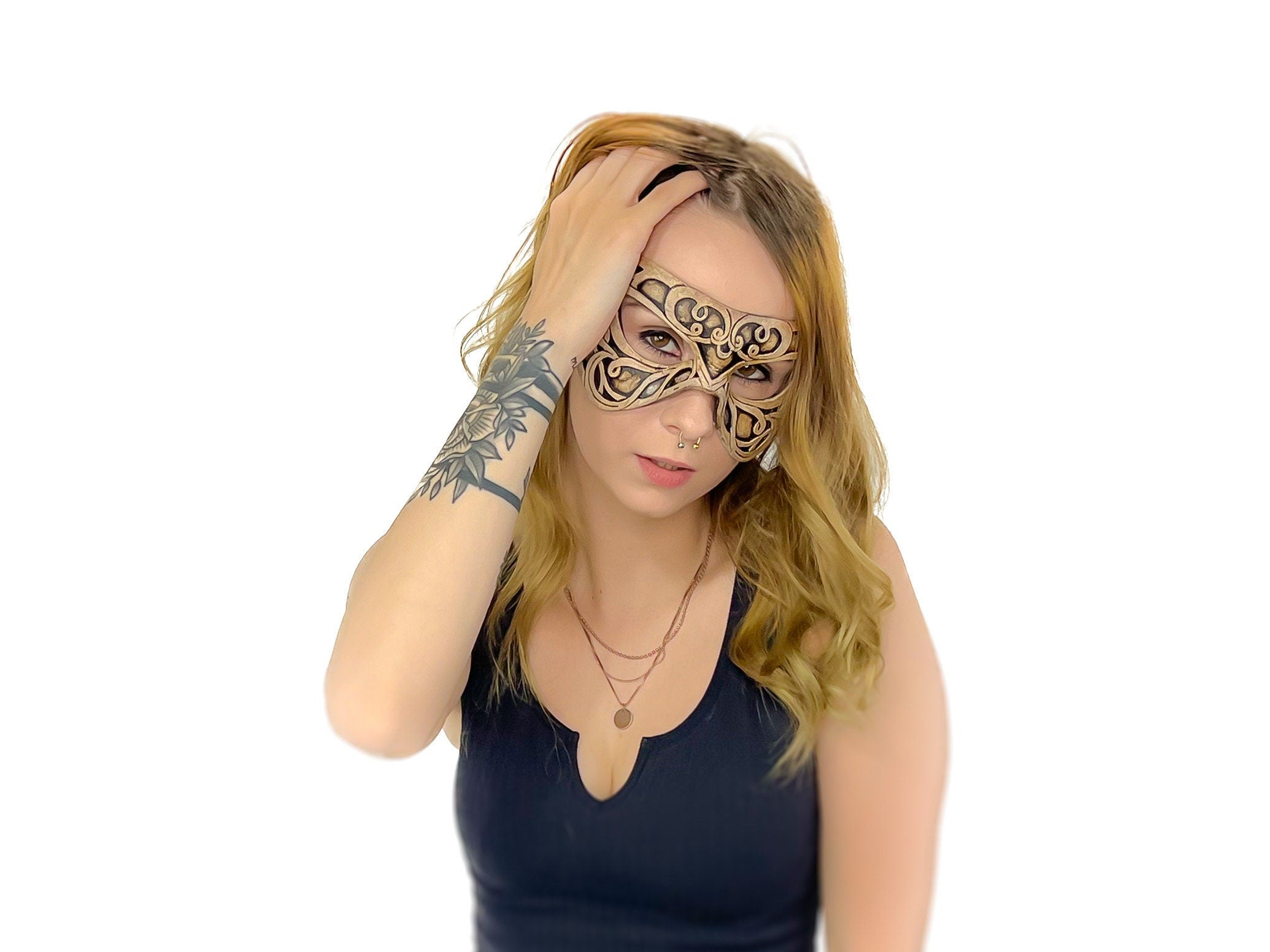 Dual Layer Ornate Masquerade Handmade Genuine Leather Eye Mask in Vintage Cream Rockwell Masks