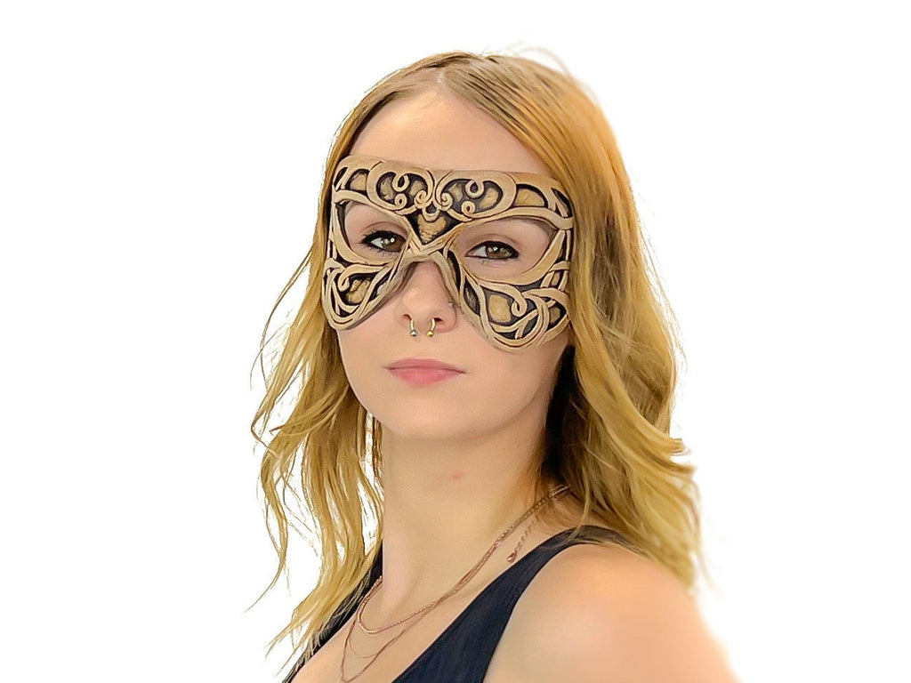 Dual Layer Ornate Masquerade Handmade Genuine Leather Eye Mask in Vintage Cream Rockwell Masks