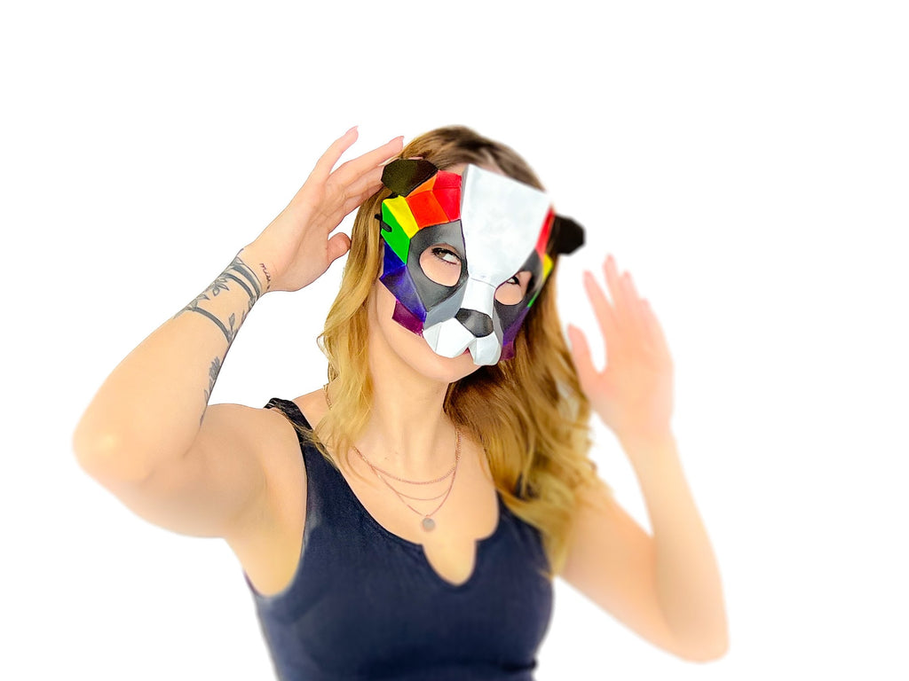 Geometric Rainbow Panda Bear Leather Mask Rockwell Masks