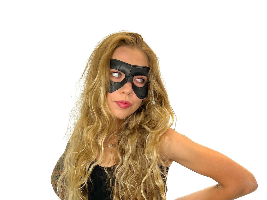Compact Harlequin Handmade Genuine Leather Mask in Solid Black Rockwell Masks