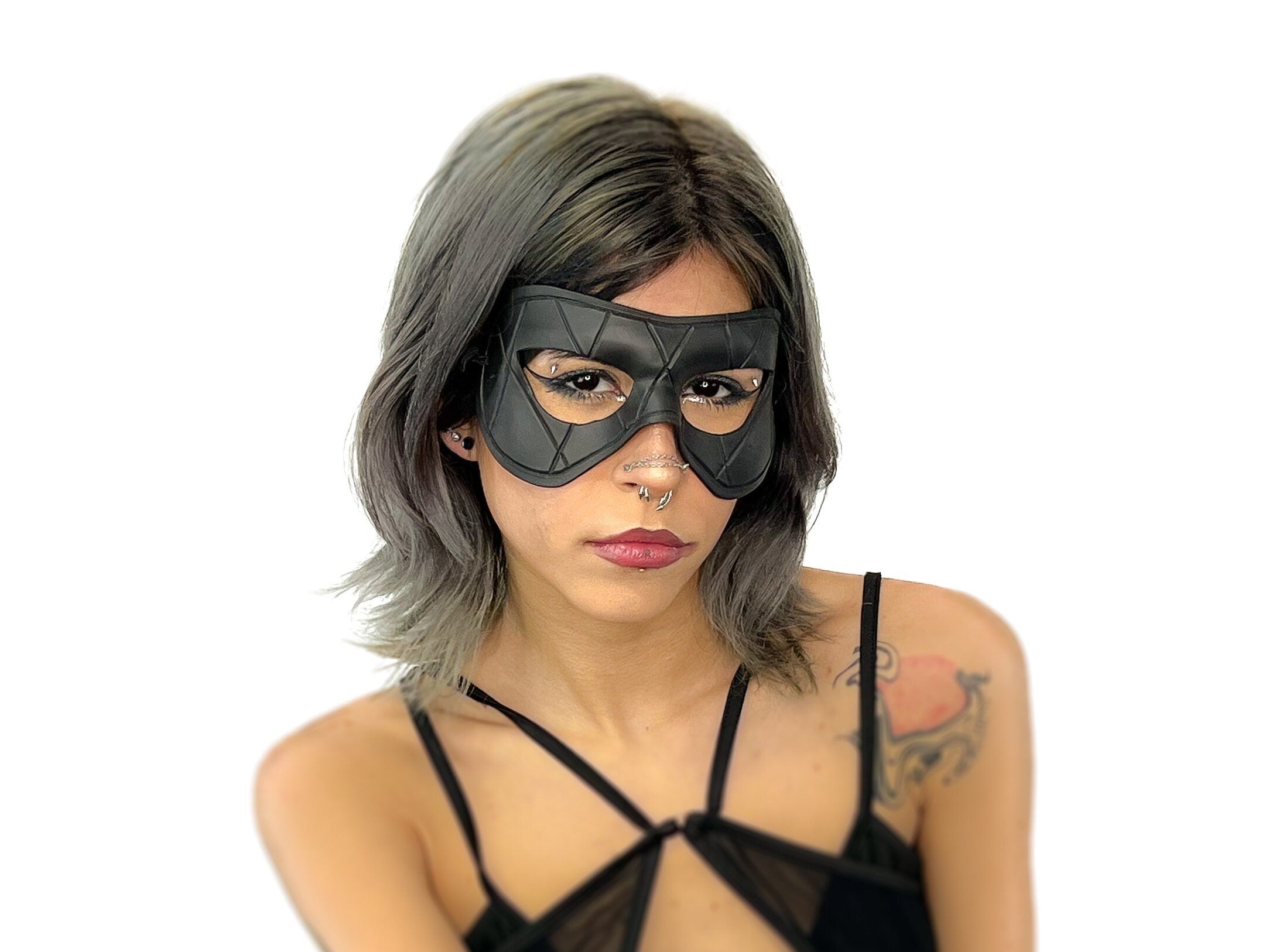 Compact Harlequin Handmade Genuine Leather Mask in Solid Black Rockwell Masks