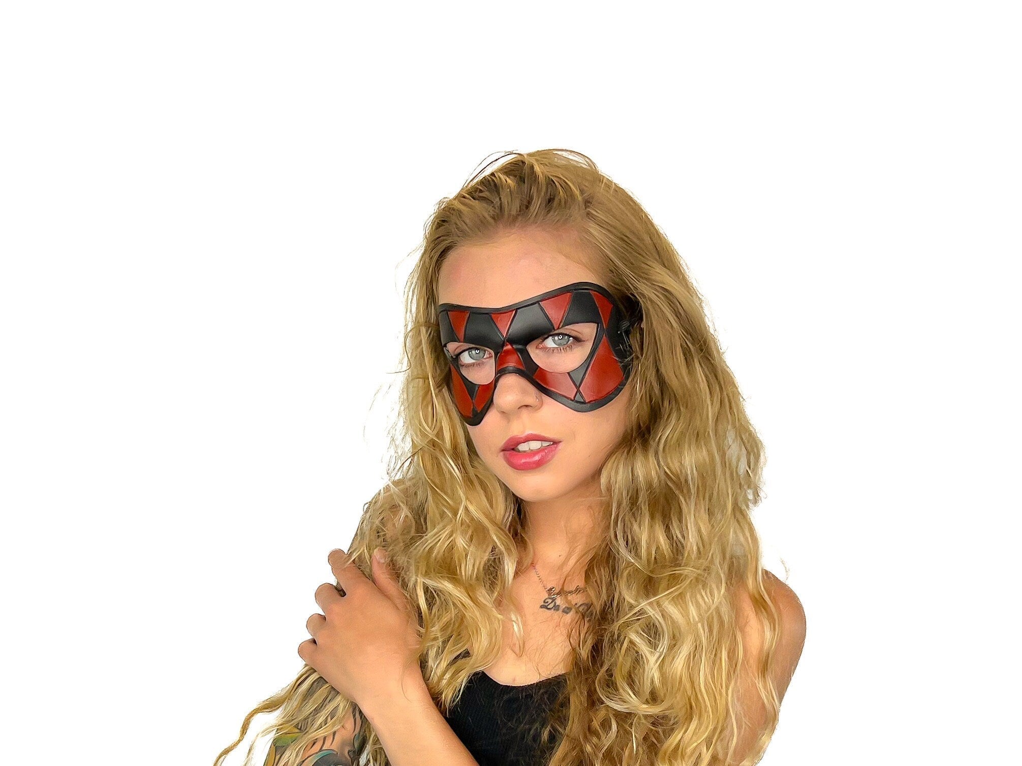 Compact Harlequin Handmade Genuine Leather Mask in Red and Black Rockwell Masks