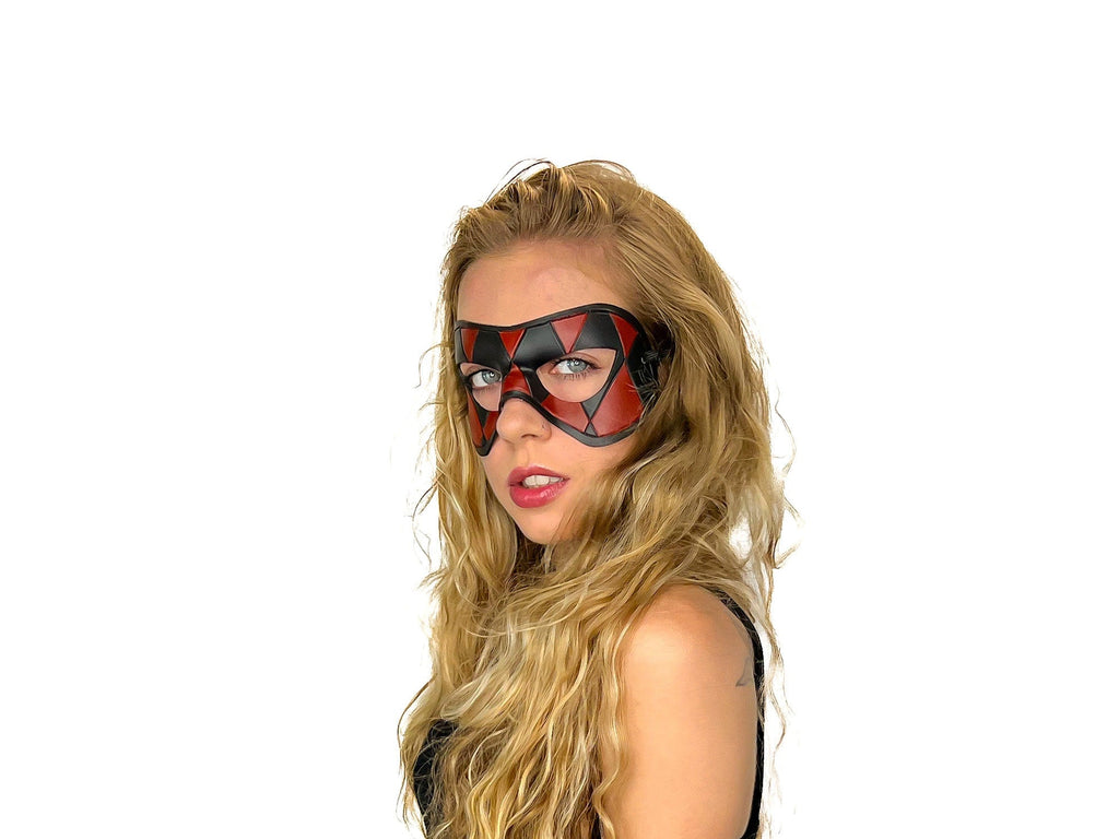 Compact Harlequin Handmade Genuine Leather Mask in Red and Black Rockwell Masks
